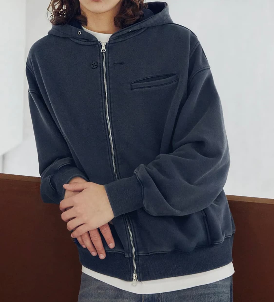 인템포무드 버튼홀 워싱 후드 집업 상품이미지3