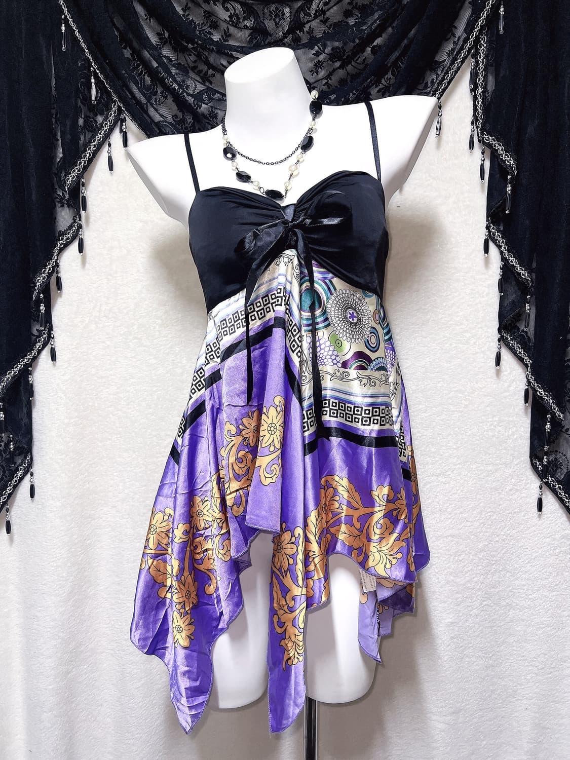 오리엔탈 오네갸루 페어리 패턴 페이즐리 리본 슬리브리스 나시 미니원피스 상품이미지6