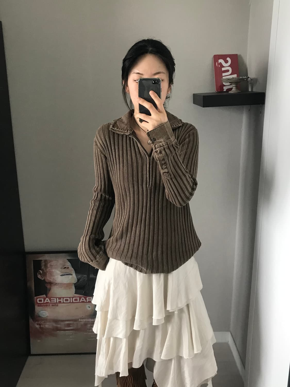 JPN 카라 골지 브라운 니트 반집업 상품이미지1