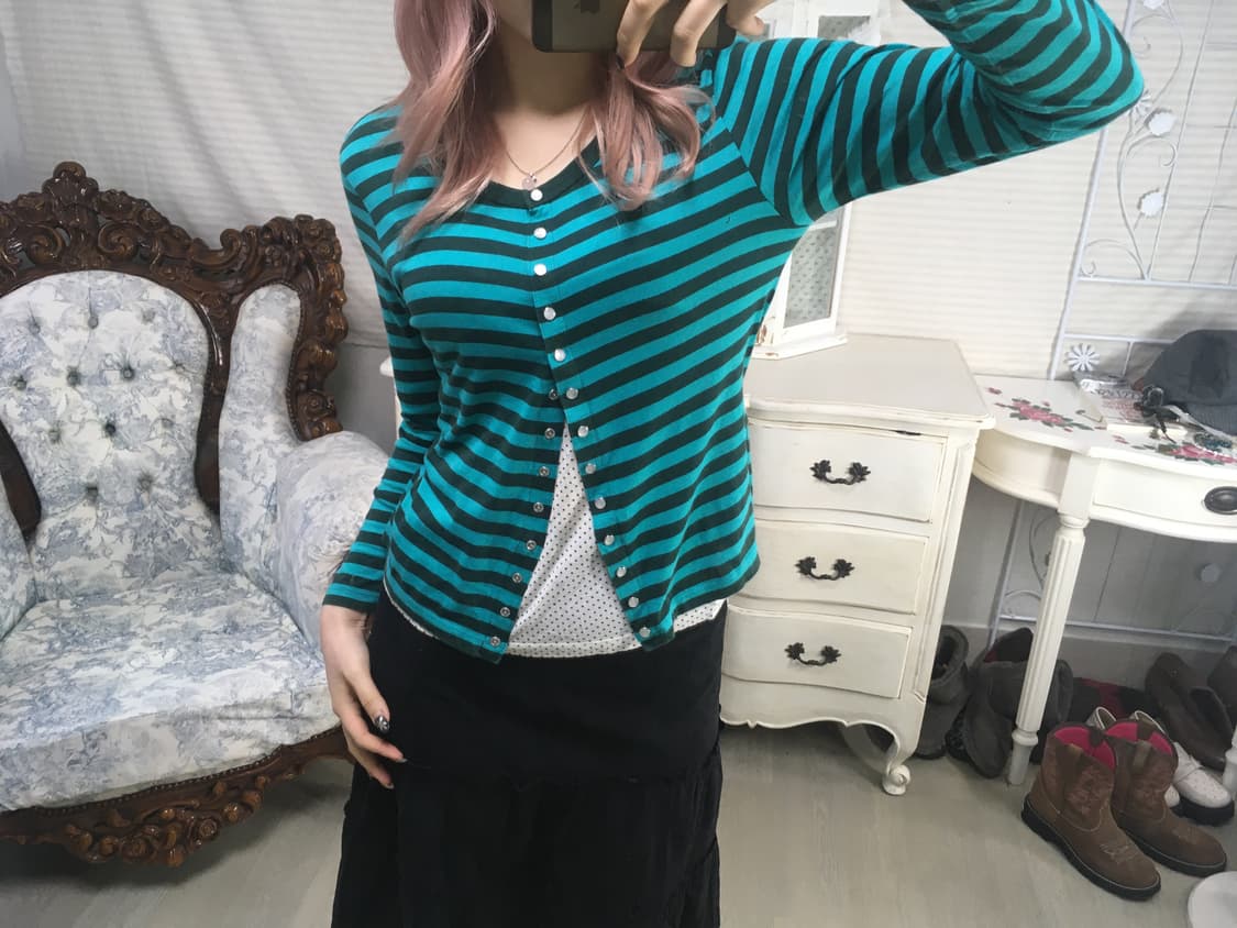 Agnes b. blue green stripe button cardig 상품이미지2