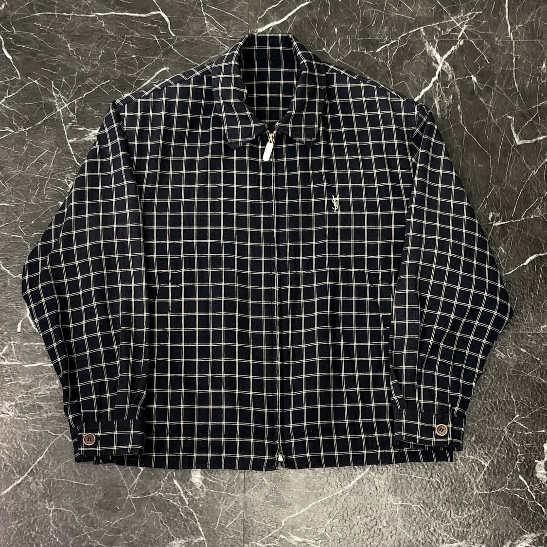 XL 입생로랑 체크 린넨 시스루 블루종 자켓 상품이미지3