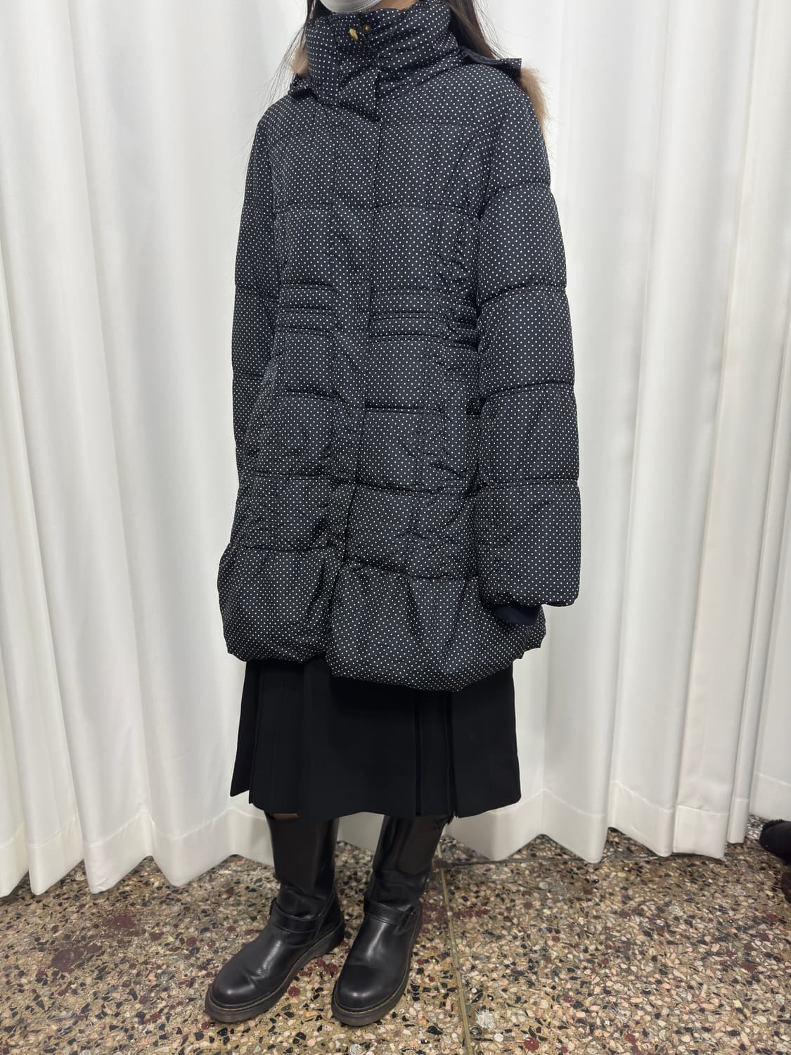 dot fur hood long padding 상품이미지3