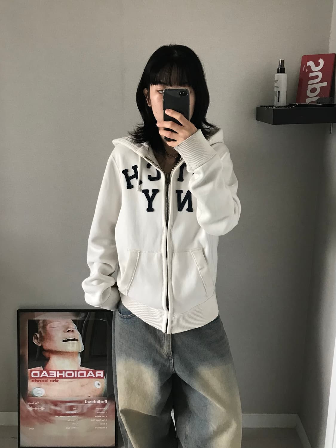 아베크롬비 헤비코튼 자수 로고 화이트 후드집업 상품이미지2