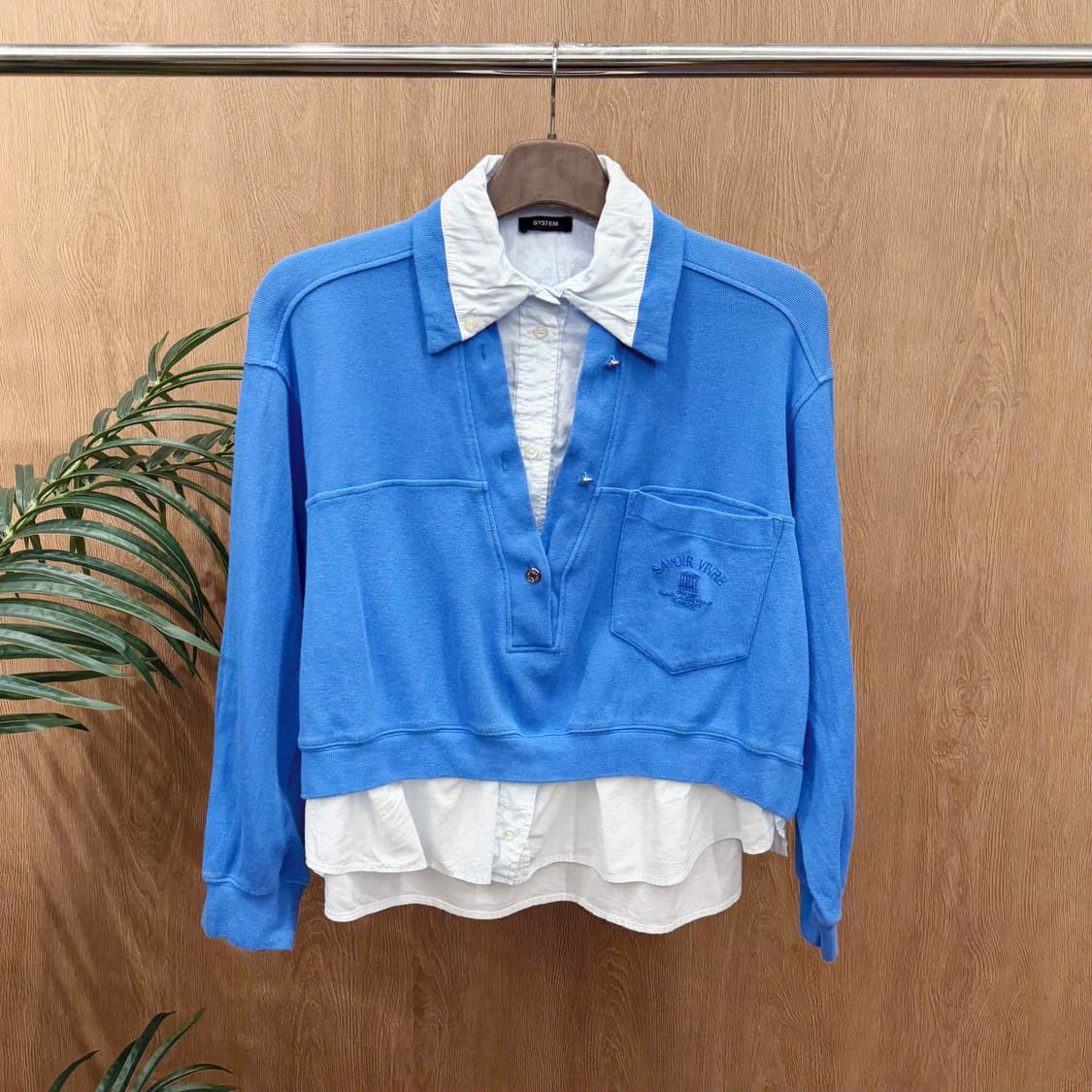 시스템 셔츠 레이어드 맨투맨 레터링 자수 싱글 포켓 카라넥 디테일 블루 상품이미지1