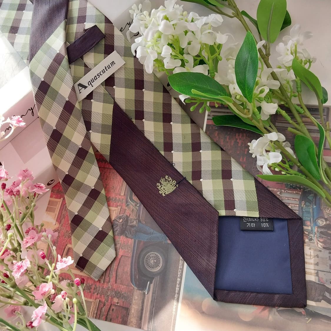 아쿠아스큐텀 실크 브라운 체크 믹스 넥타이 9.5cm A+등급 K1527 상품이미지4