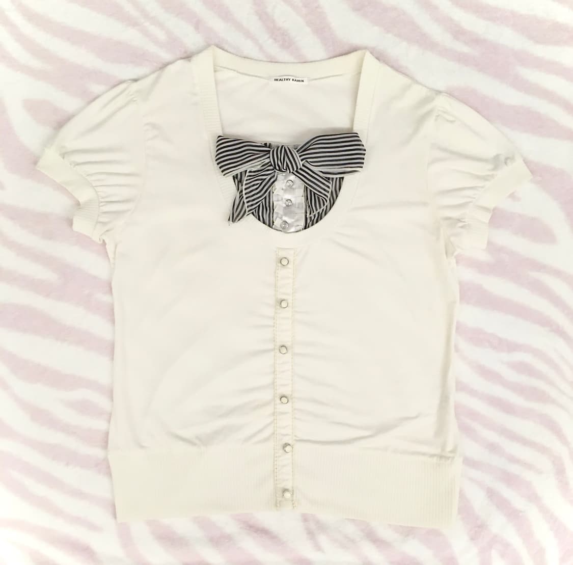 Healthy Karen 생화이트 스트라이프 리본 로걀탑 큐빅 프릴 갸루 상품이미지5
