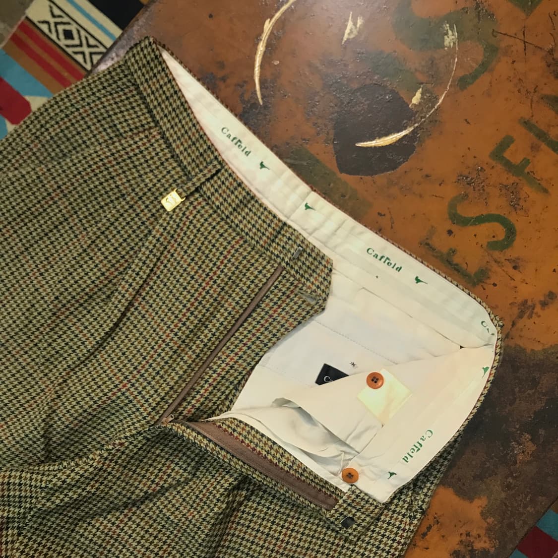 VTG 그린 카키 하운드투스 체크 핀턱 울 트라우저 허리 34 35  상품이미지4