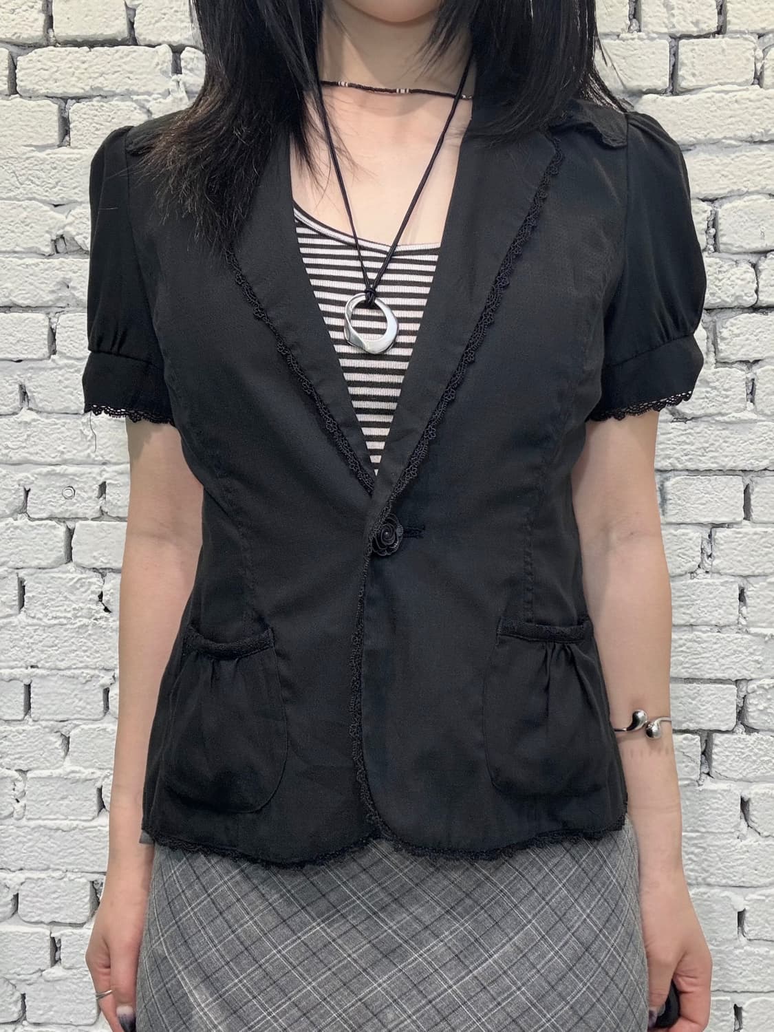 axes femme Lace Trim Puff Sleeve Blouse 상품이미지1