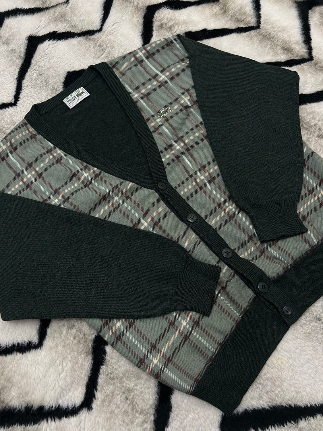 [L]라코스테 V넥 체크 가디건/다크그린 상품이미지2