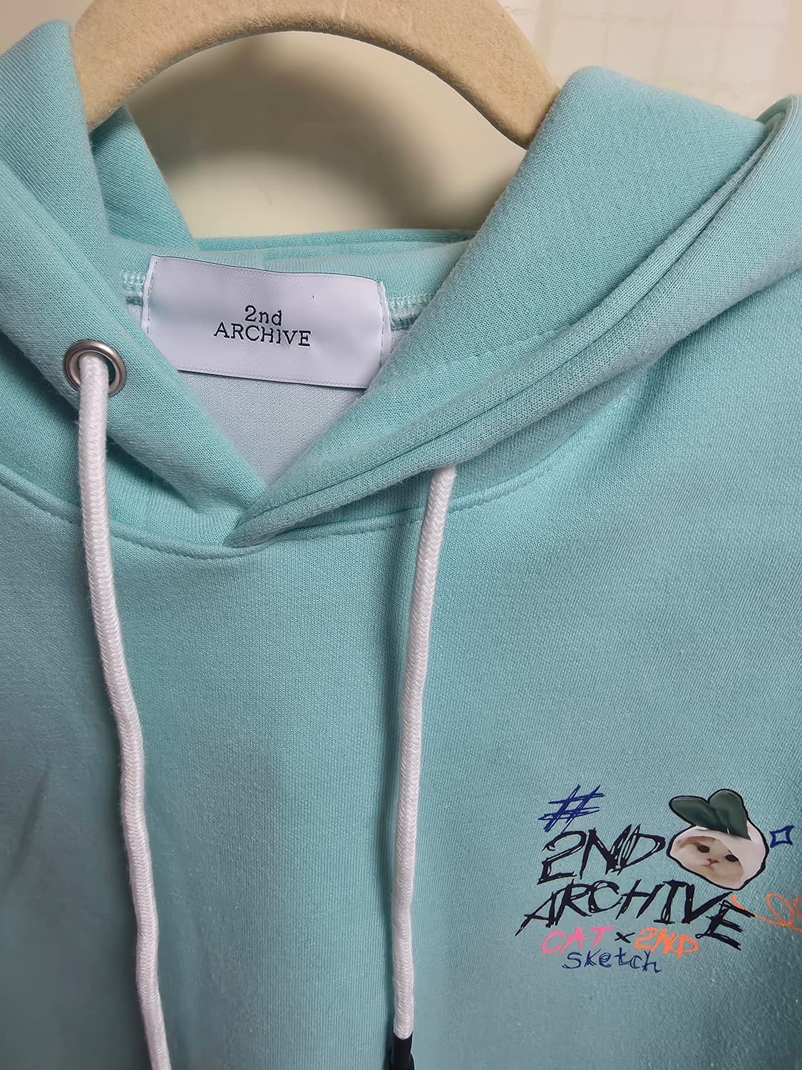 [새상품]2nd Archive 민트색 고양이 후드티 상품이미지3