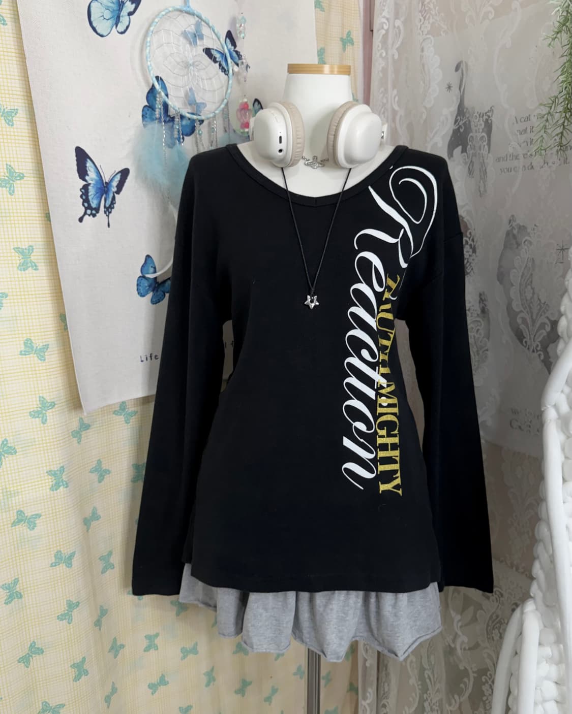 블랙 펑크 레터링 롱슬리브 티셔츠 상품이미지8