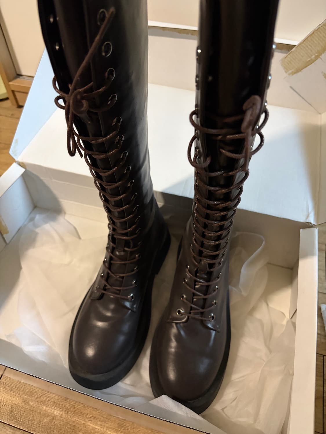 솔트앤초콜릿 레이스업 플랫 워커 롱부츠 진밤 245 상품이미지2