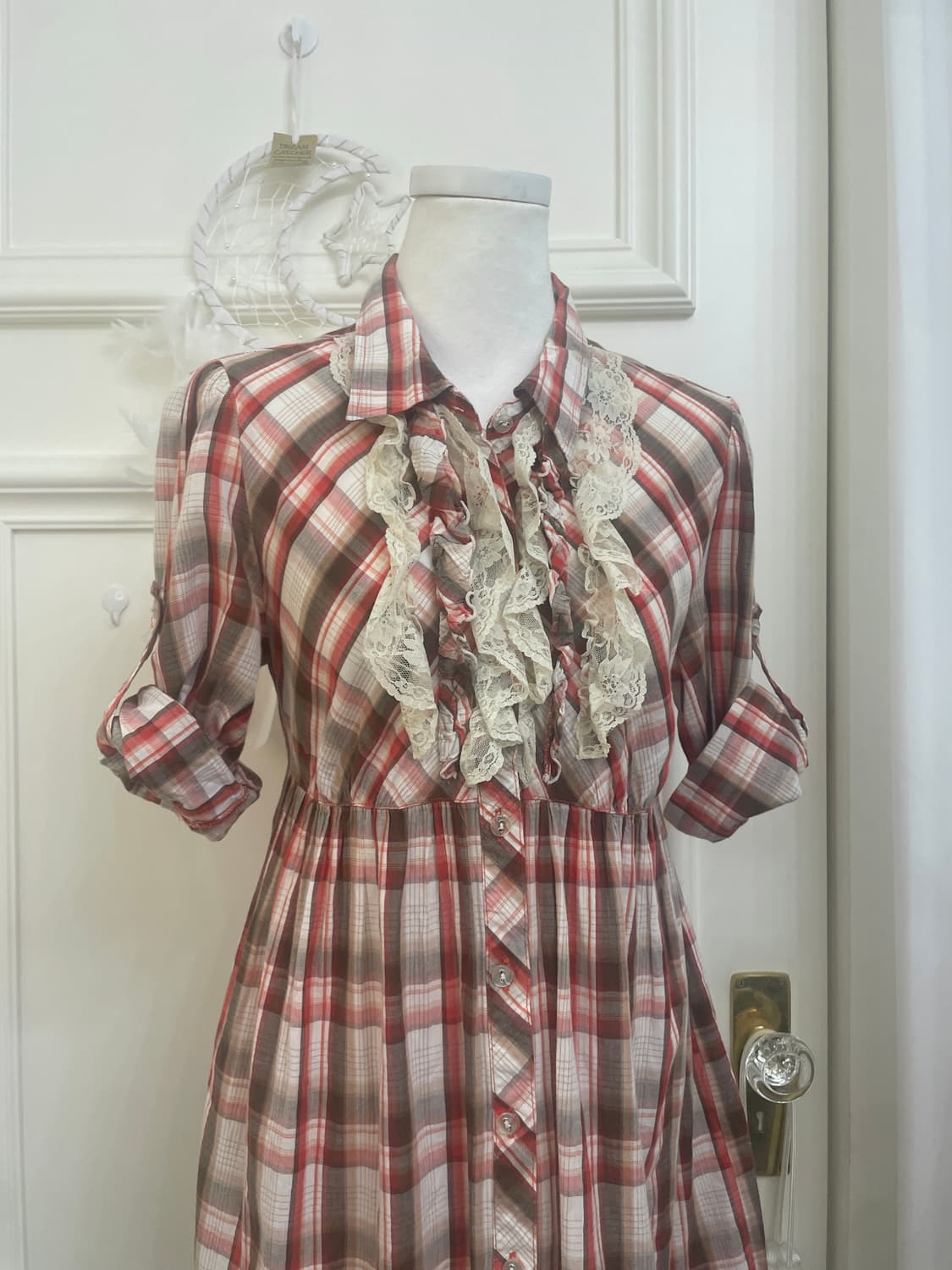 red brown check roll-up lace point midi 상품이미지6