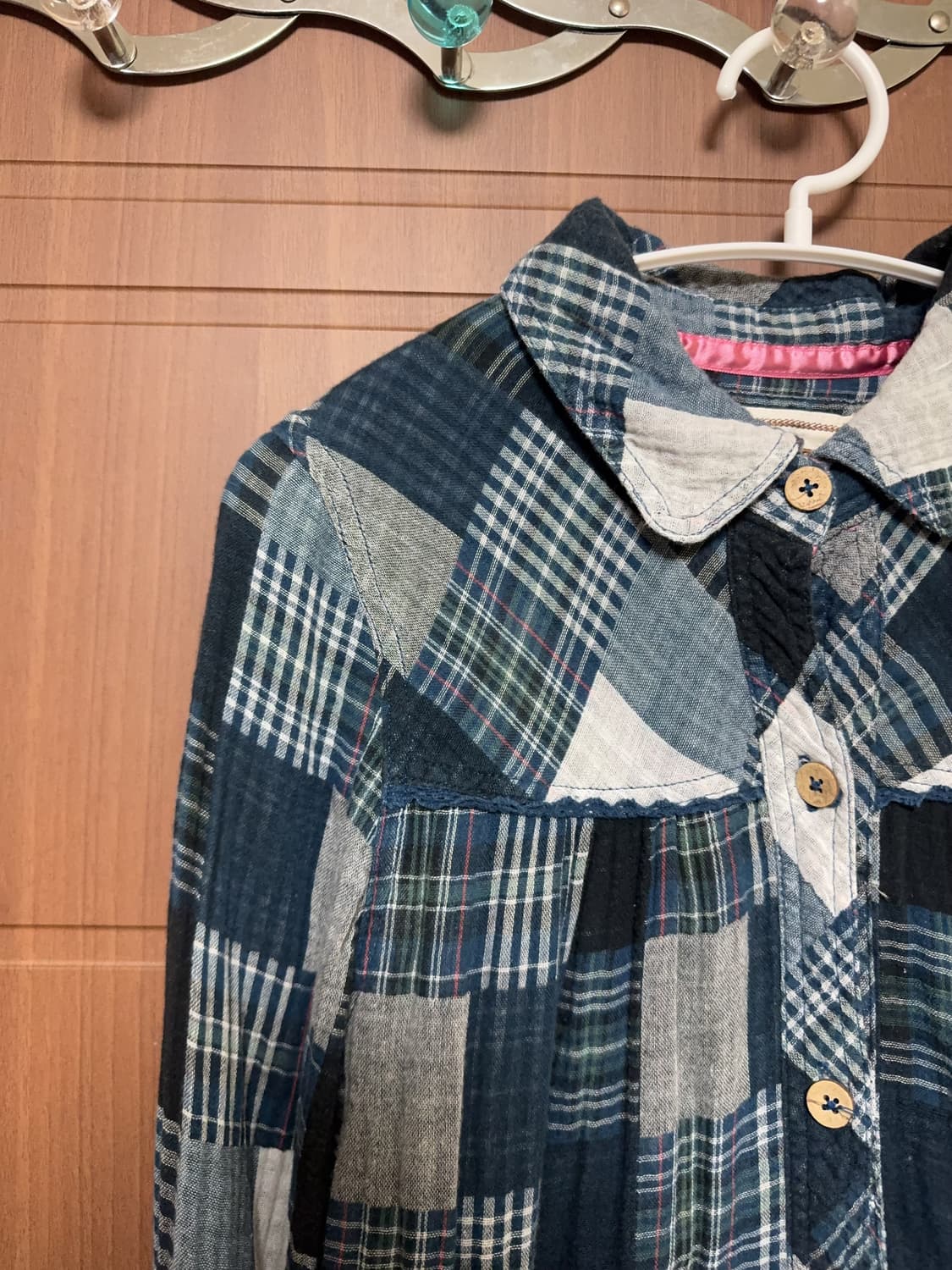 모리걸 하구미 일본 빈티지 블루 체크 패치워크 둥근카라 홍콩 셔츠 원피스 상품이미지2