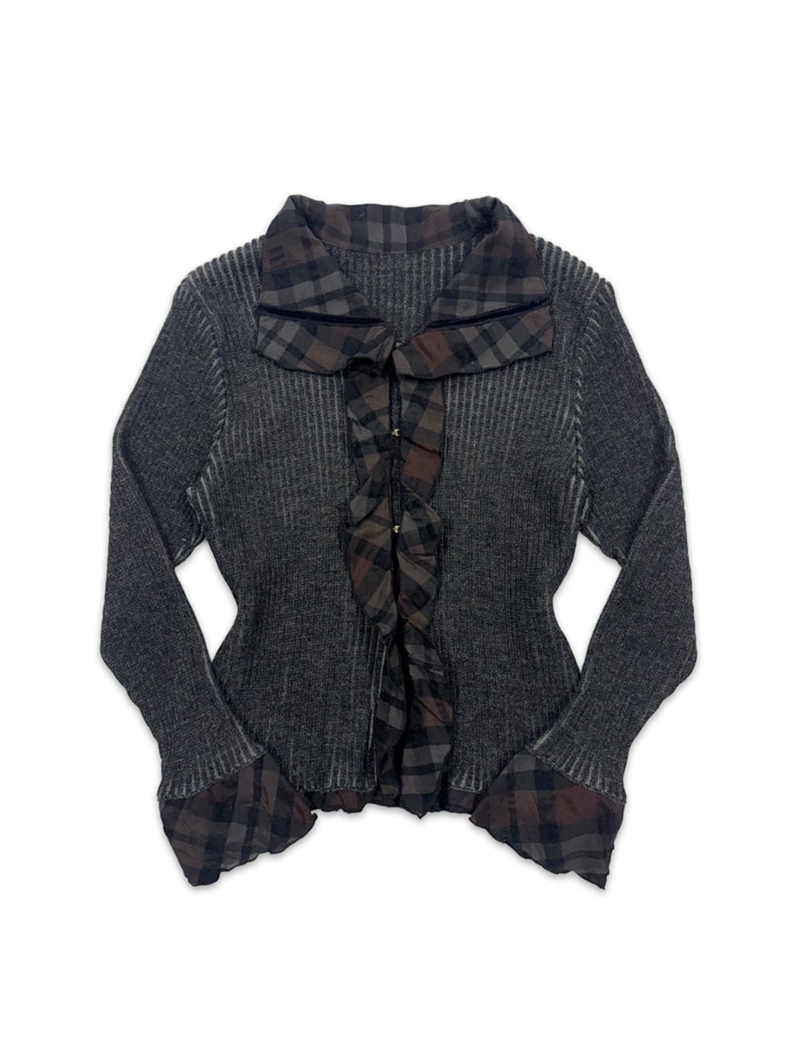 빈티지 EX NOVO 그레이 체크 프릴 가디건 상품이미지1