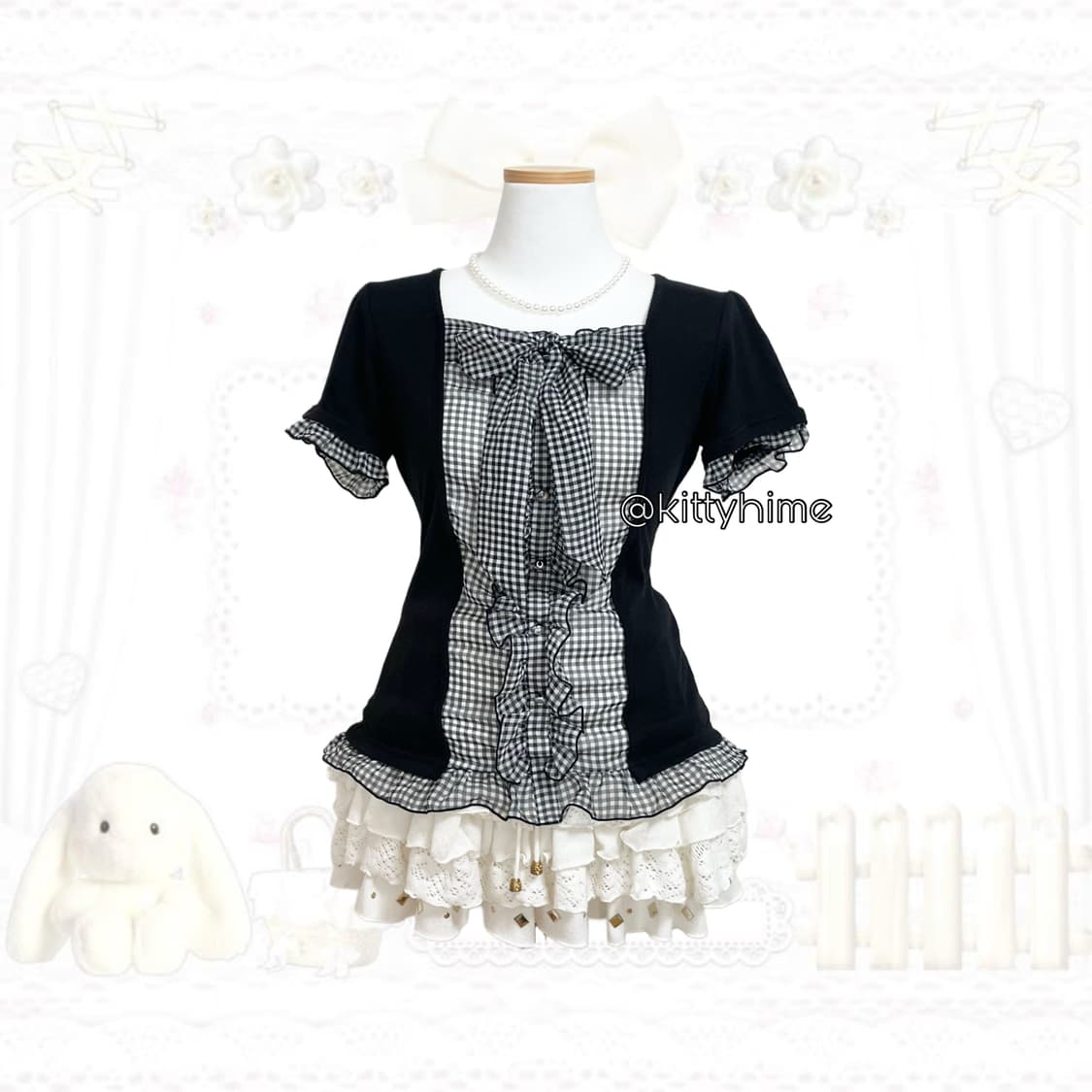 공겜여주깔 일본빈티지 체크리본 로걀탑 딱붙탑 러블리 갸루 고스로리 상품이미지1