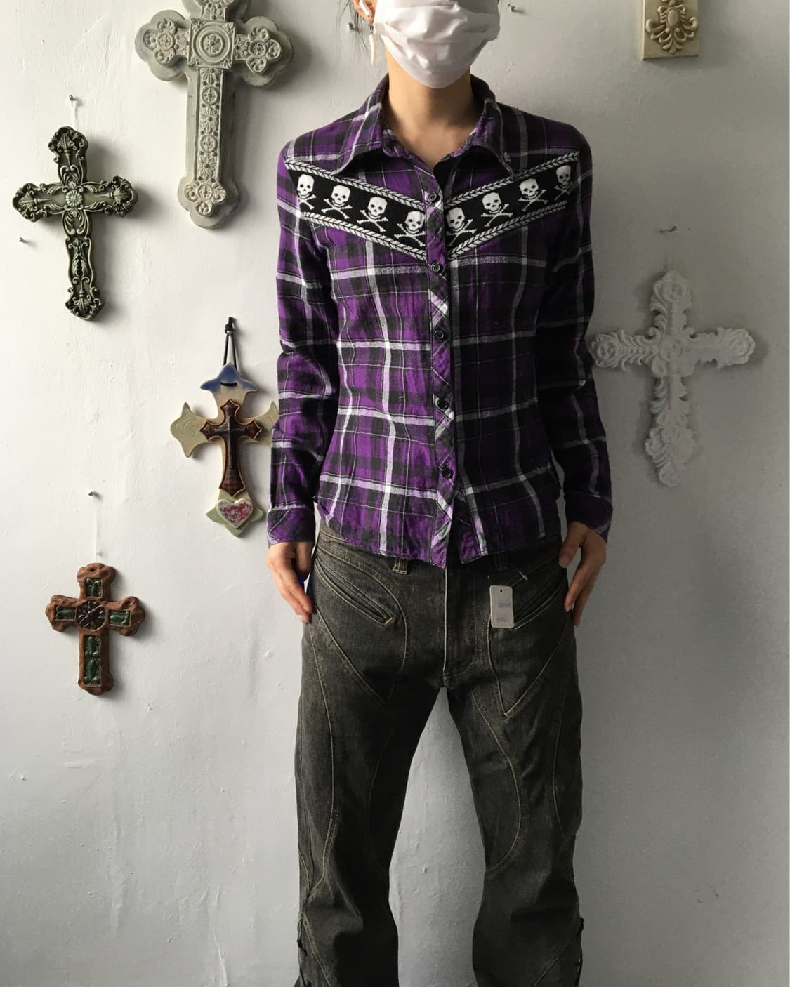 skull line point check pattern shirt 상품이미지6