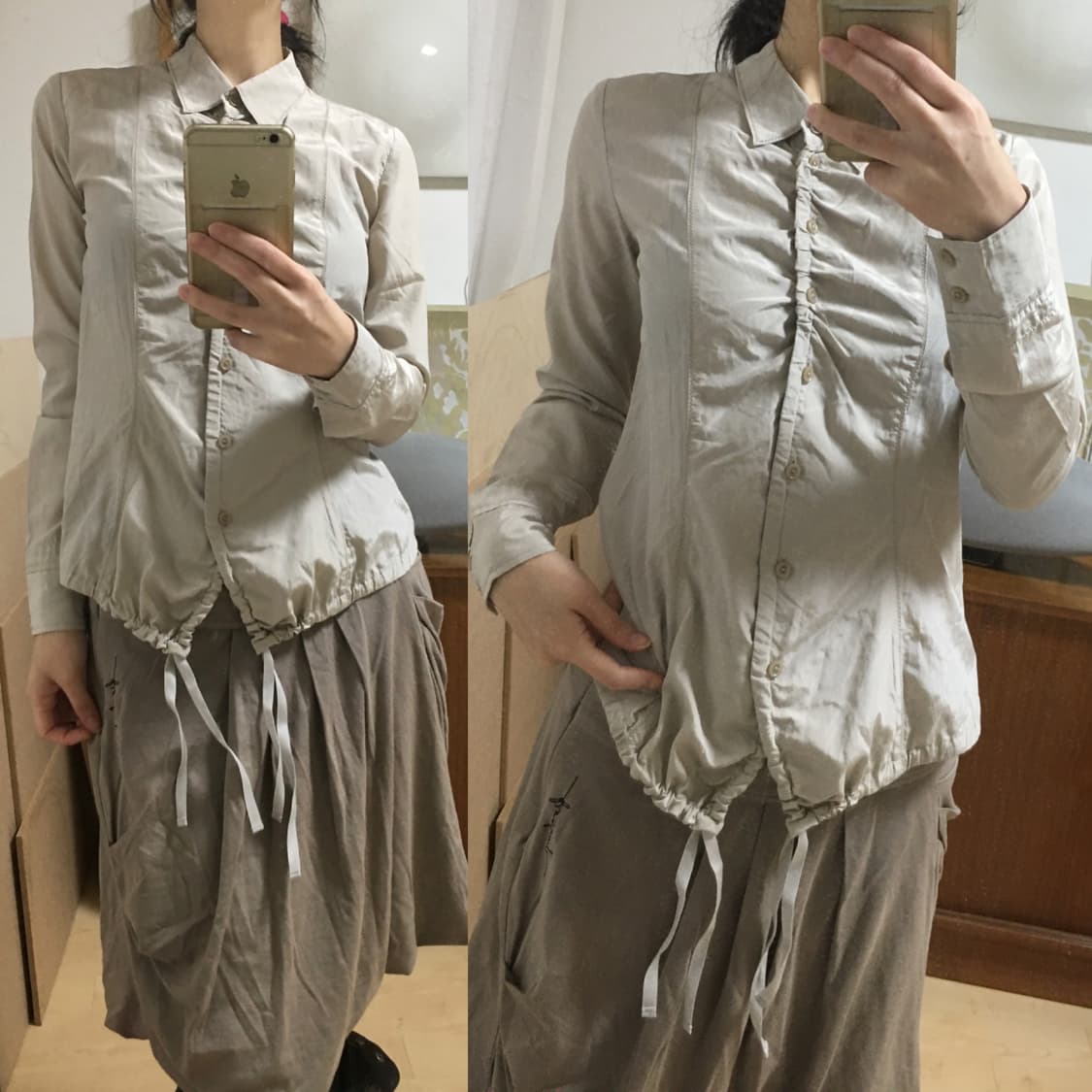 [직수입] 빈티지 mfg 실키 새틴 셔링 블라우스 오이스터 상품이미지1