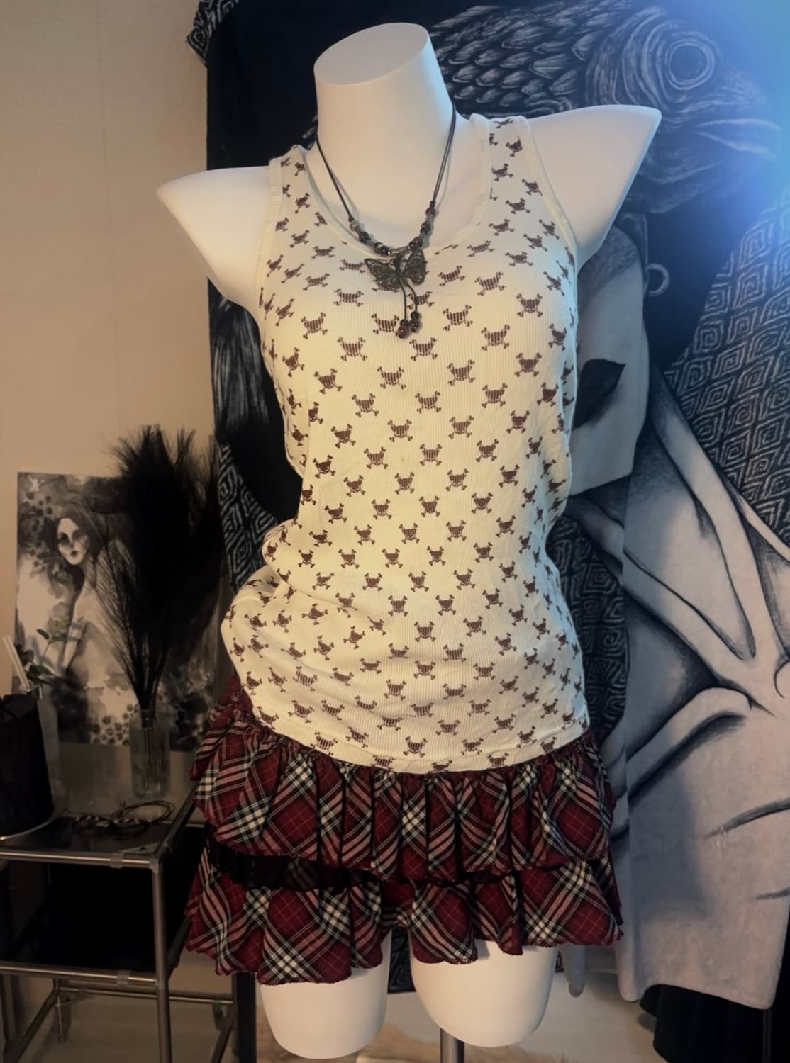 Punk skull sleeveless & checkered skirt 상품이미지1