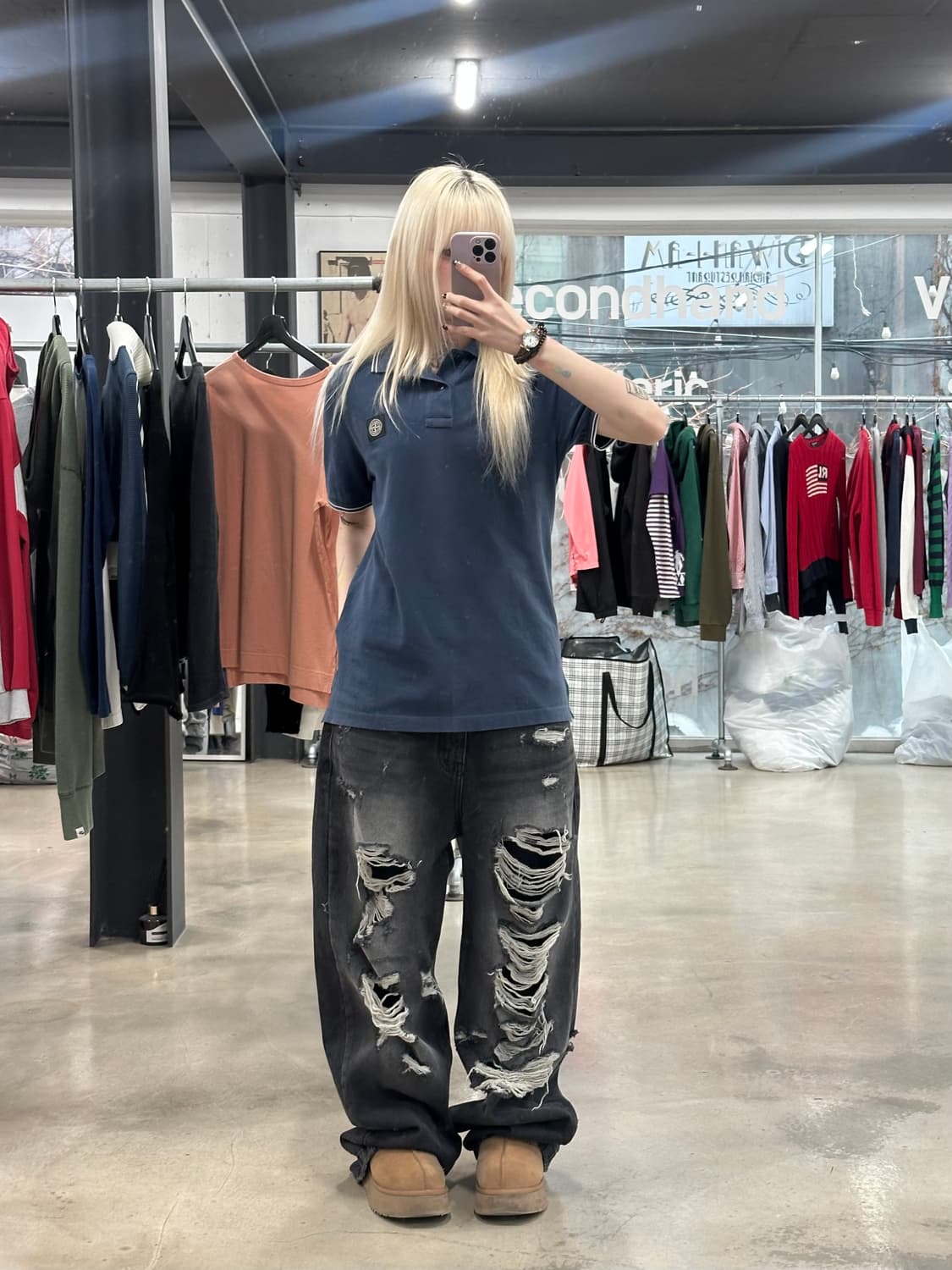 스톤아일랜드 로고 패치 카라 반팔티 블루 상품이미지2