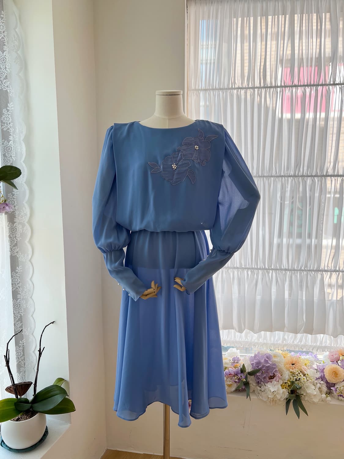 블루 플라워 진주 쉬폰 원피스 상품이미지2