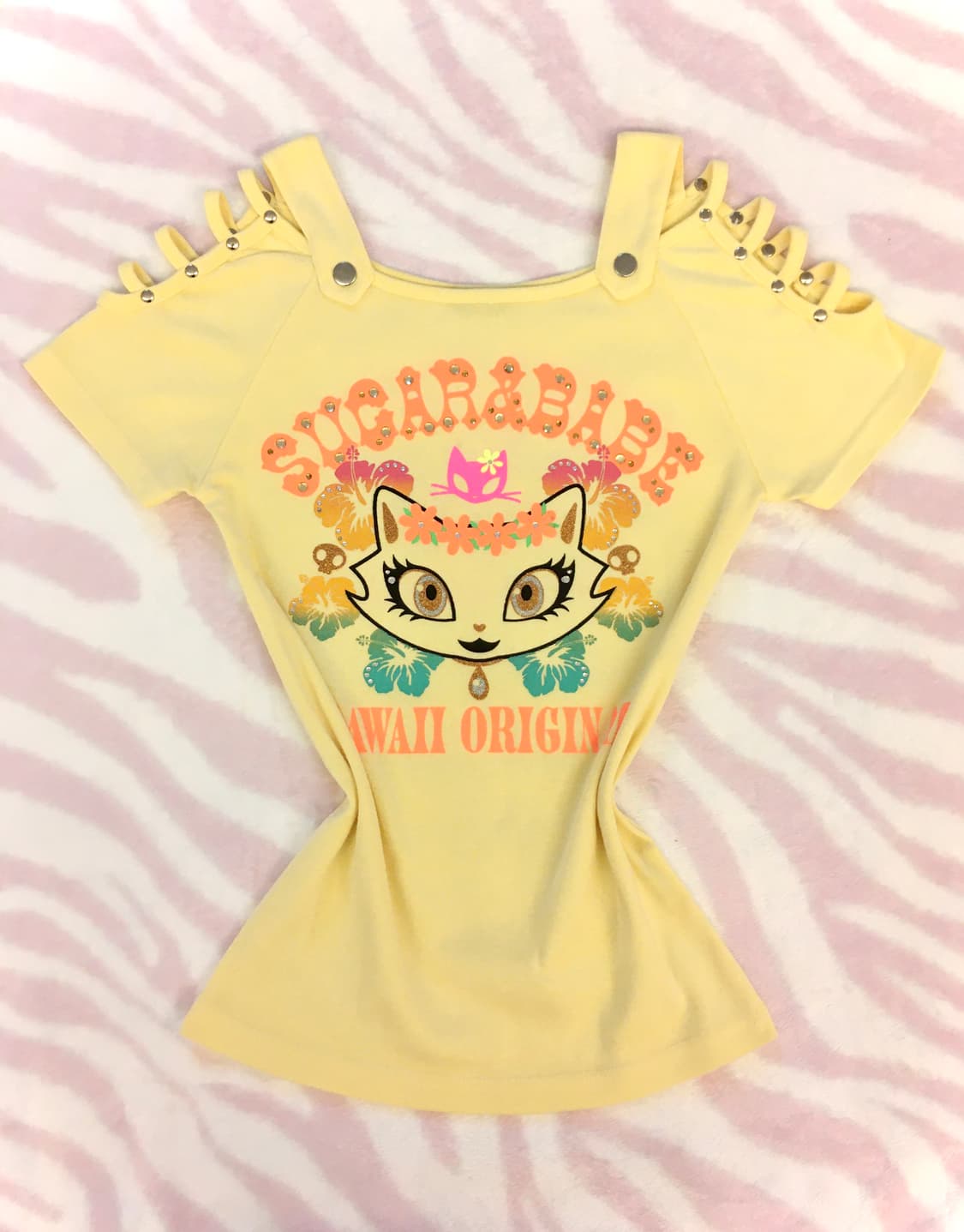 Sugar Babe 네온 히비스커스 캣 반팔 탑 오네갸루 헤이세이 y2k 상품이미지8