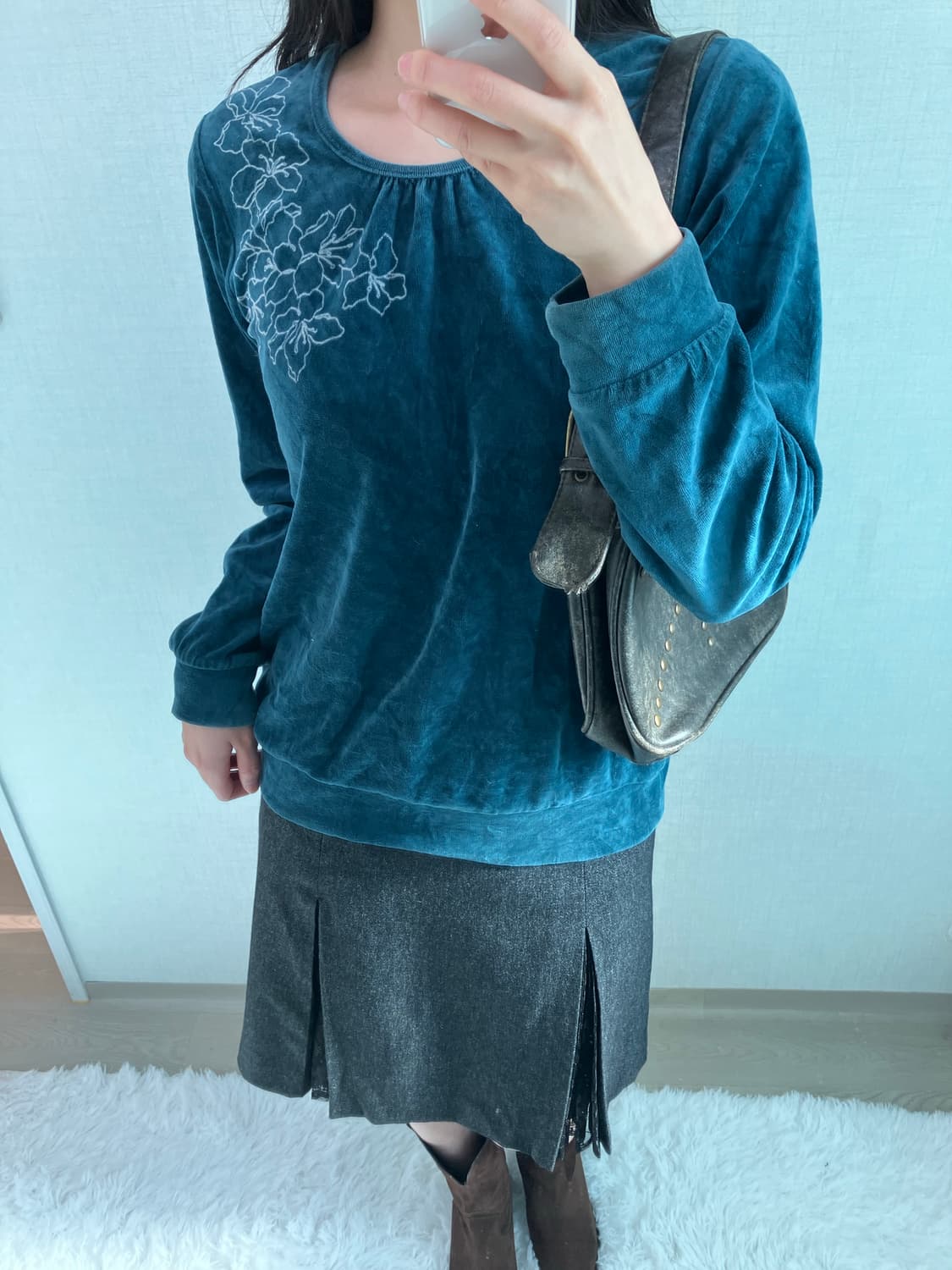 jpn vintage 딥블루 플라워패턴 벨벳 긴팔 티셔츠 y2k 스트릿  상품이미지3