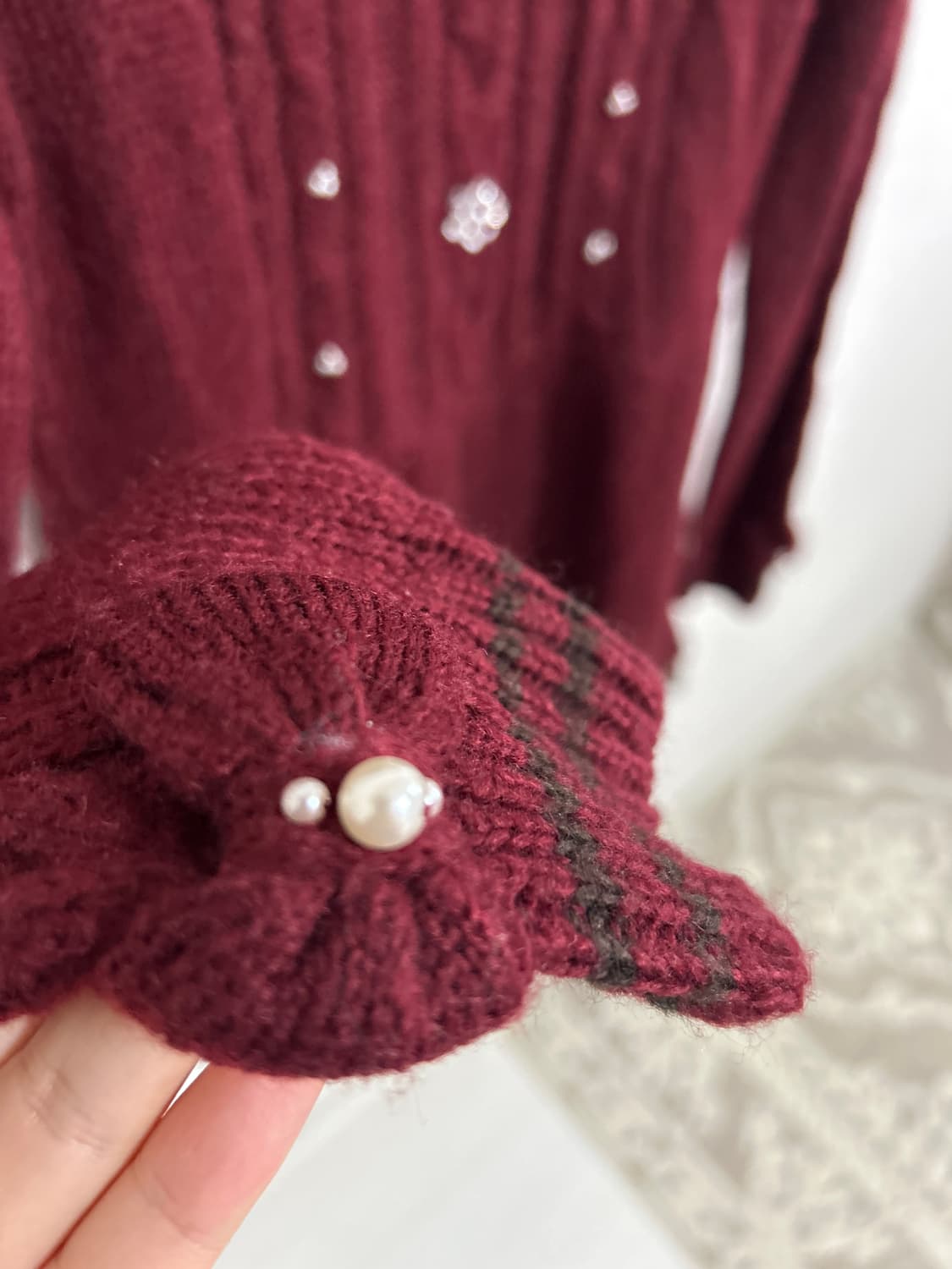 엑시즈팜 모리 페어리 큐빅 니트원피스 버건디 레드 그린 상품이미지2