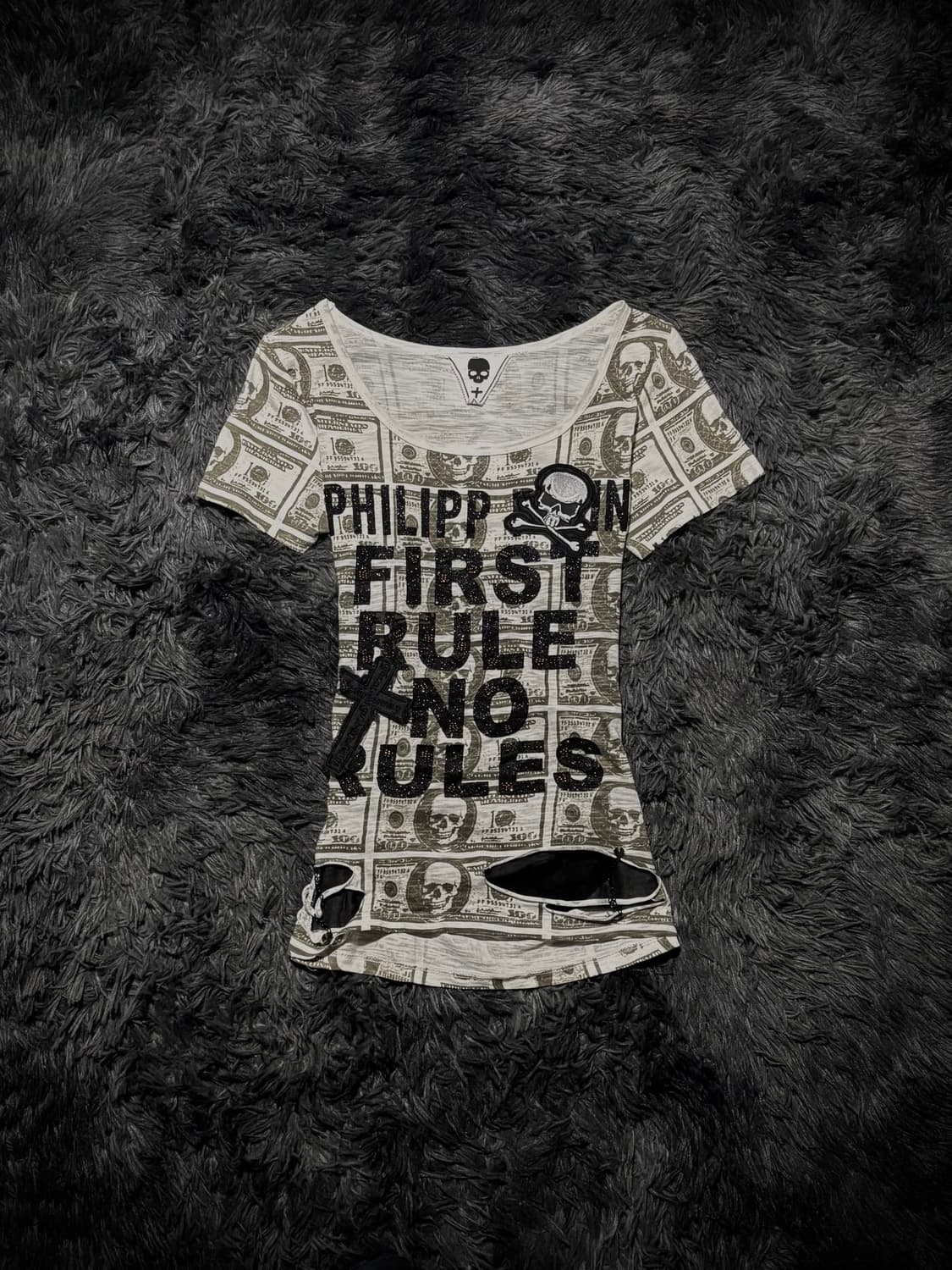 PHILIPP PLEIN 스컬 달러 프린팅 백슬래시 레이스 반팔 티셔츠 상품이미지1