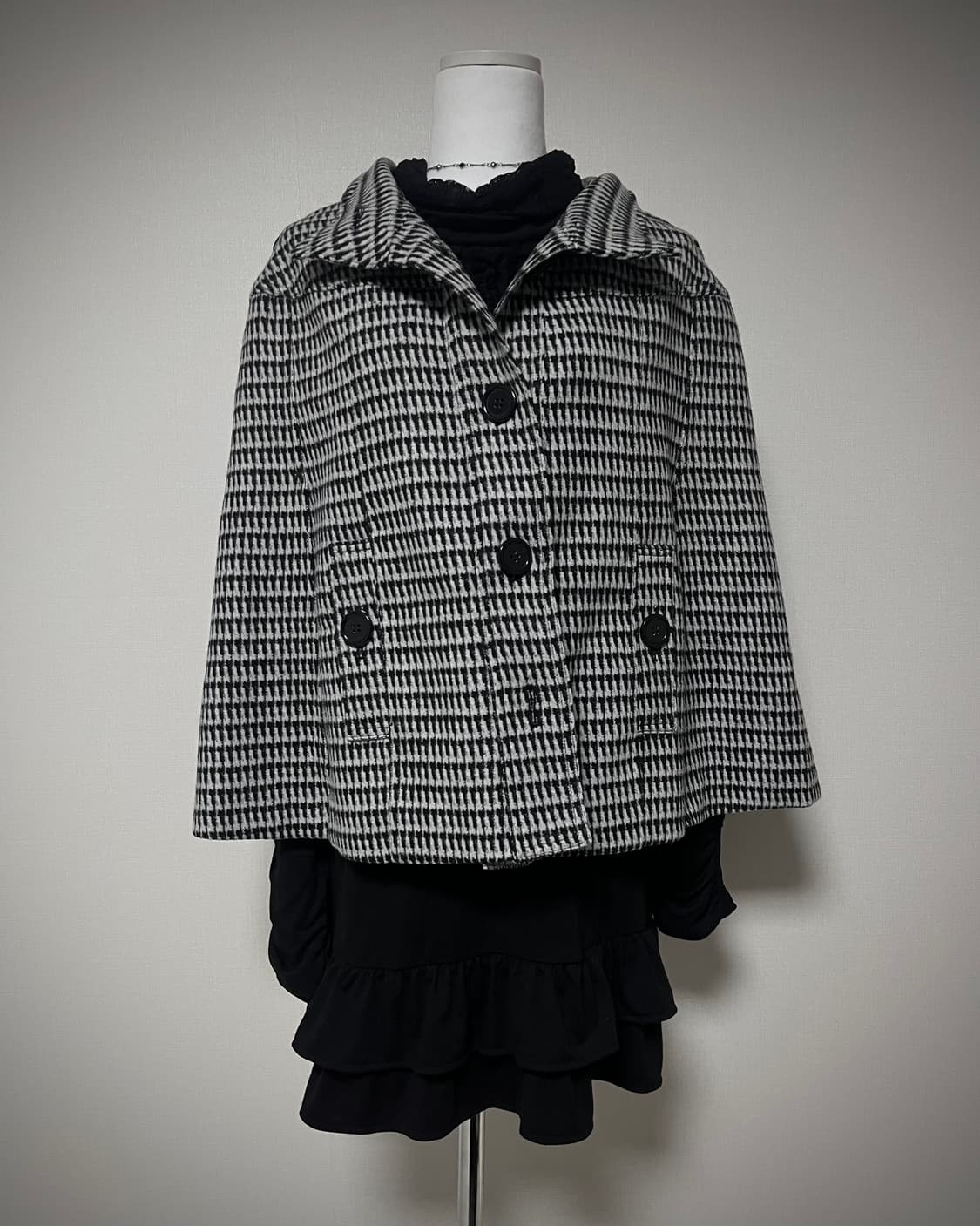 체크 울 혼방 케이프 코트 모리걸 갸루 상품이미지2