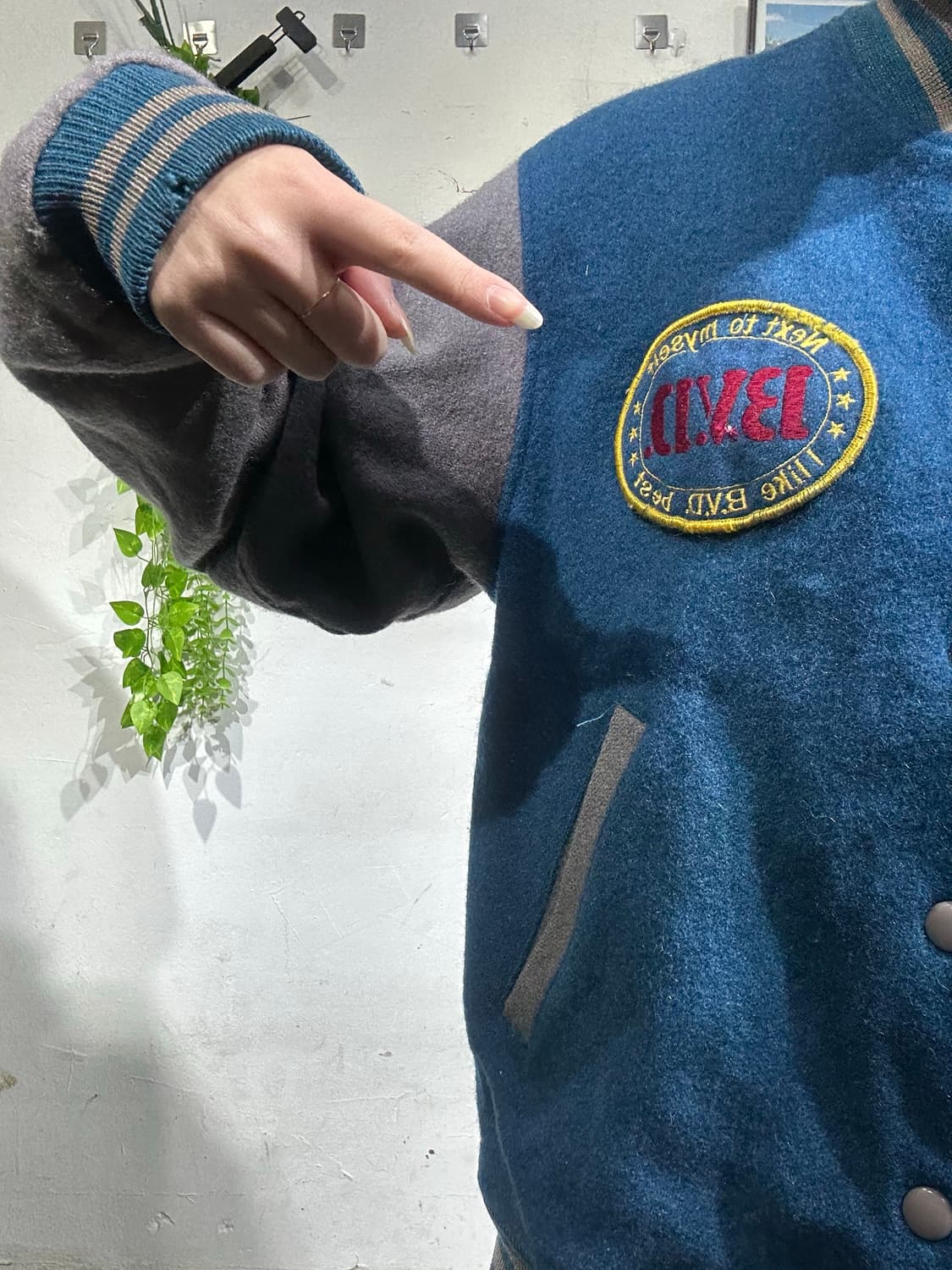 일본 빈티지 블루 그레이 BVD 자수 울 바시티 자켓 M 상품이미지4