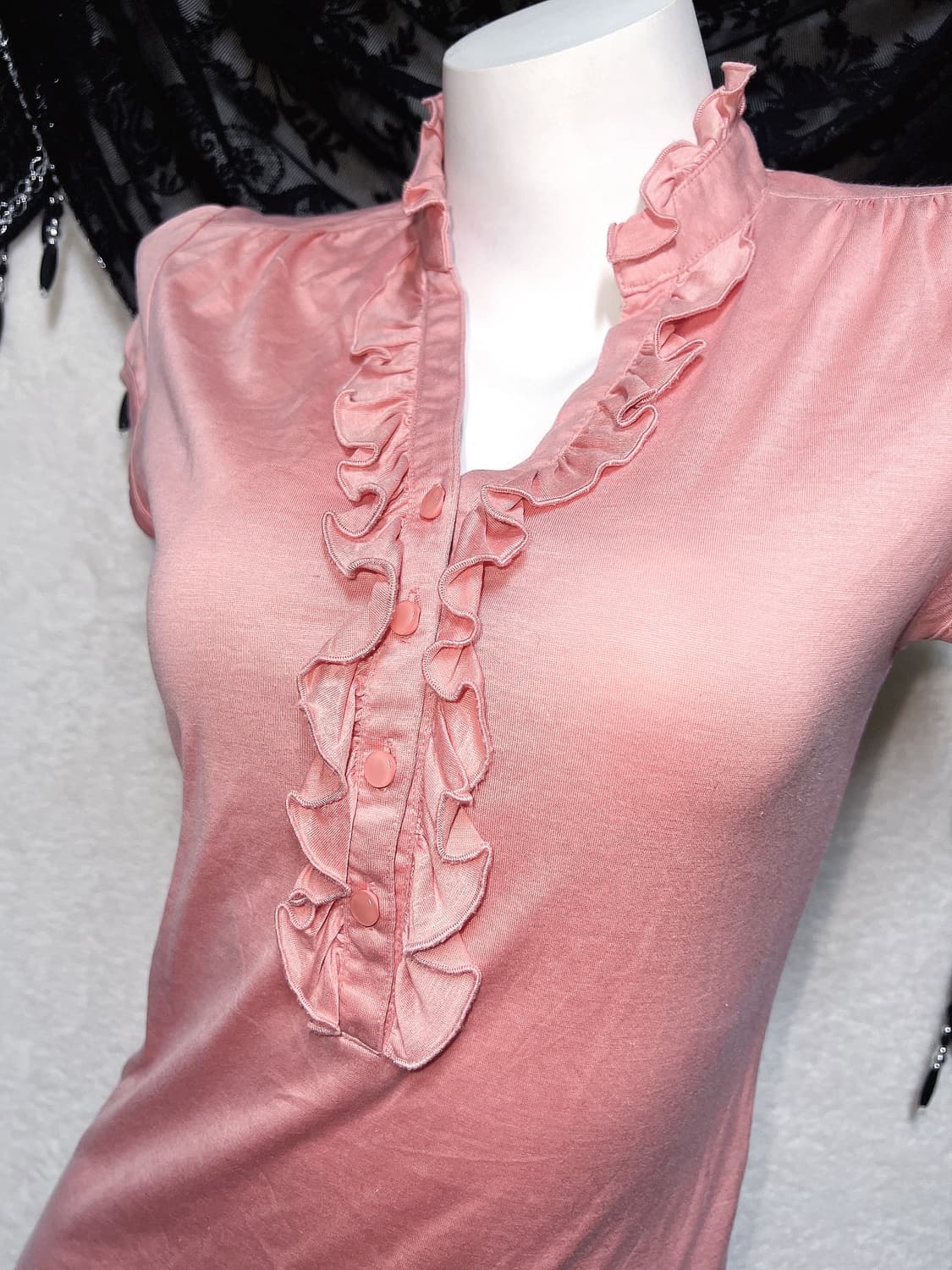 코랄핑크 프릴 반팔 블라우스 로걀탑 로맨틱갸루 히메 러블리 너드 모리 상품이미지5