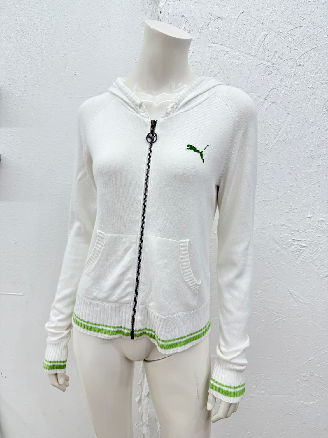 빈티지 PUMA 화이트 그린 시스루 롱슬리브 니트 후드 집업 상품이미지1