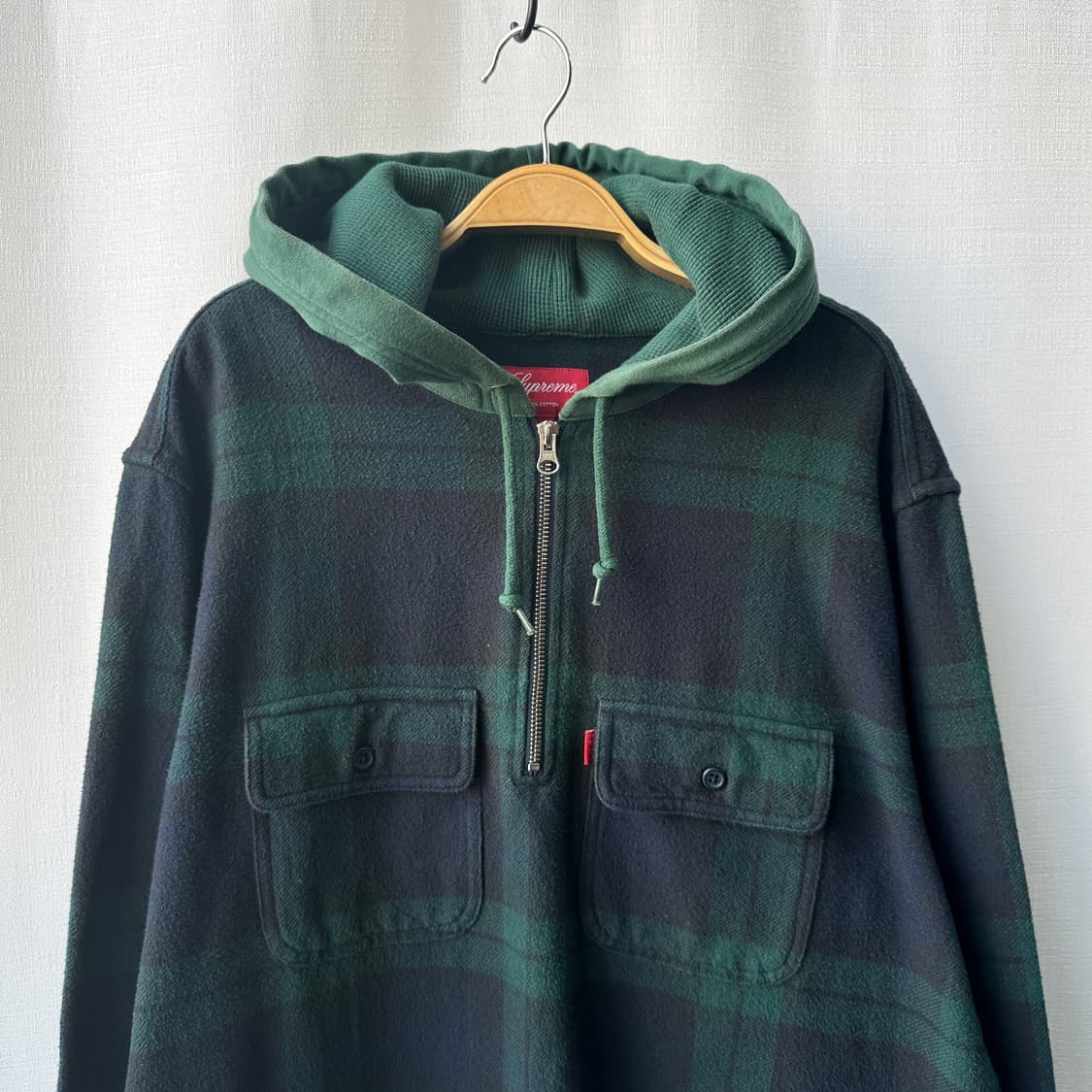 슈프림 16FW 후디드 체크 하프 집업 플란넬 셔츠 네이비 그린 L 상품이미지5