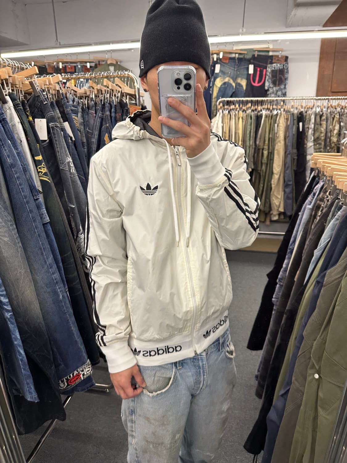 M) 아디다스 파이어버드 로고 흰검 나일론 바람막이 후드 집업 상품이미지2