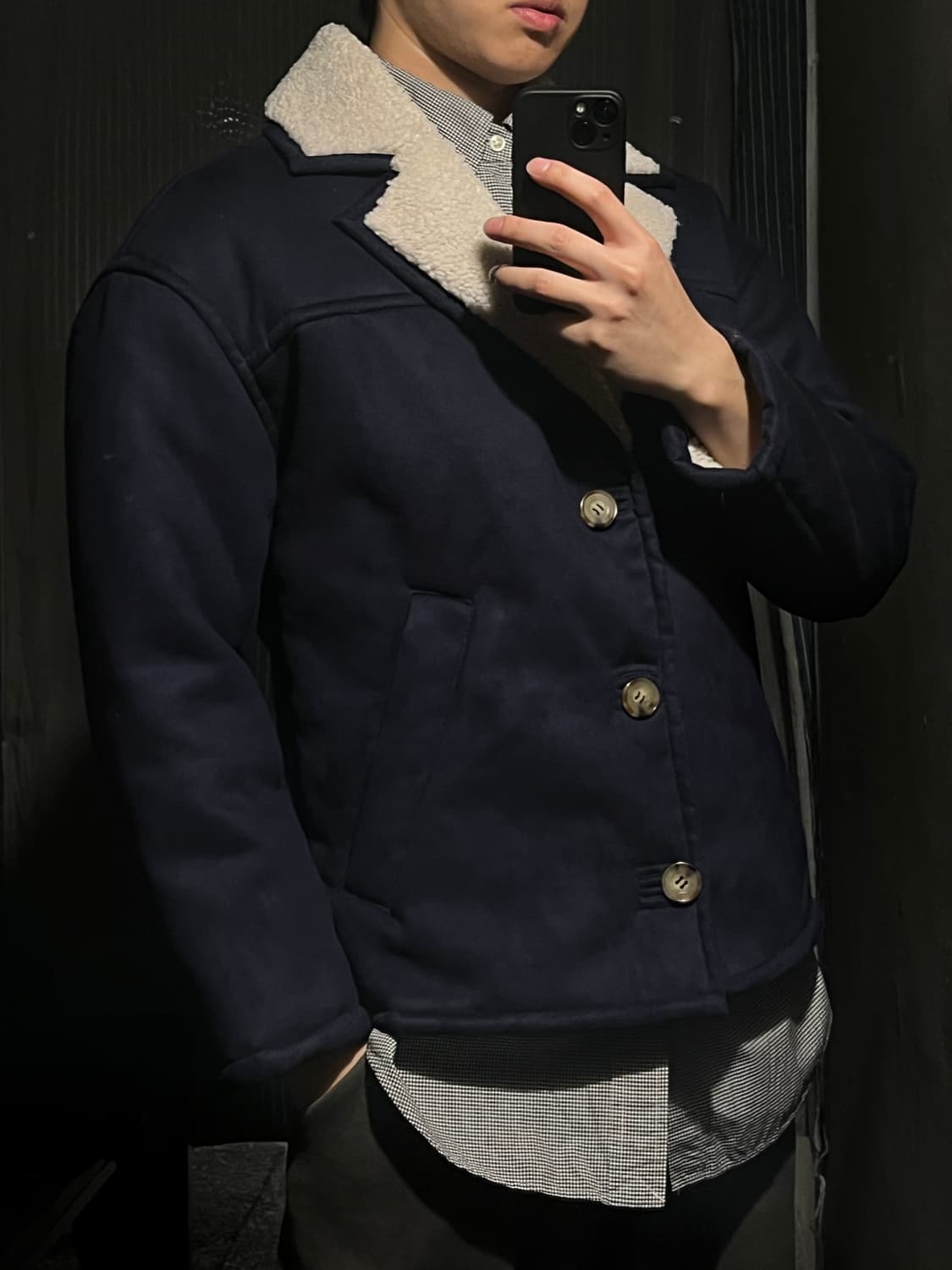 자라 네이비 아이보리 비건레더 스웨이드 아메카지 이너플리스 카라넥 무스탕 상품이미지10