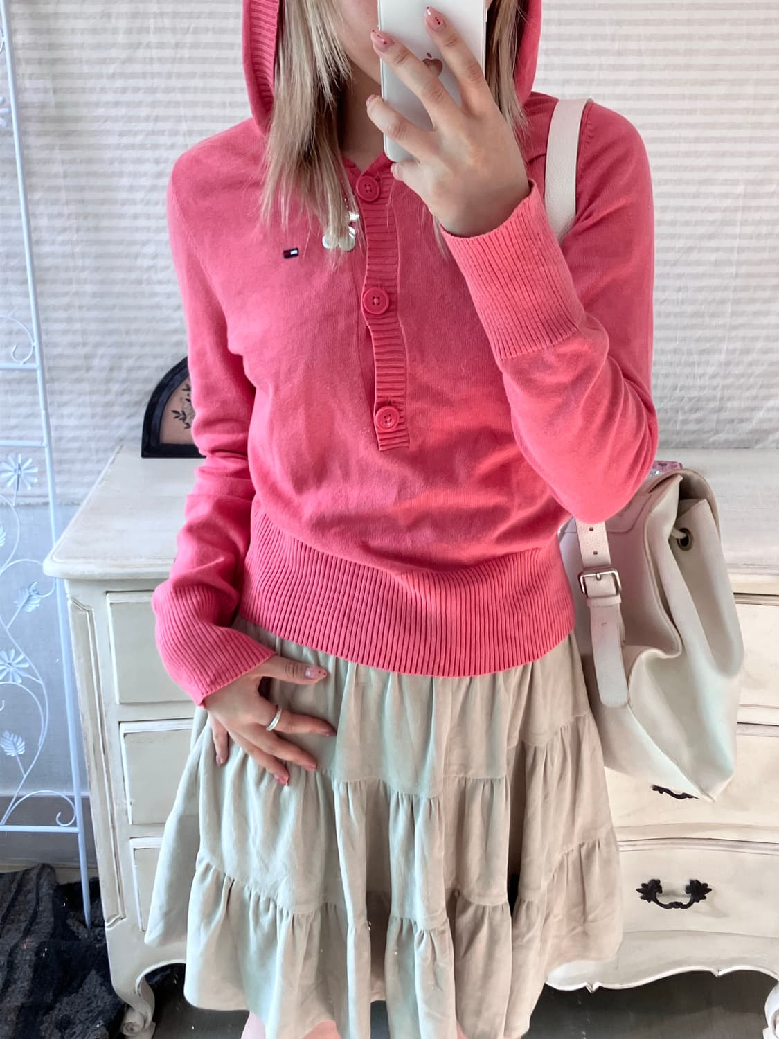 jpn vintage 타미걸 코랄핑크 버튼 후드 니트 상품이미지1