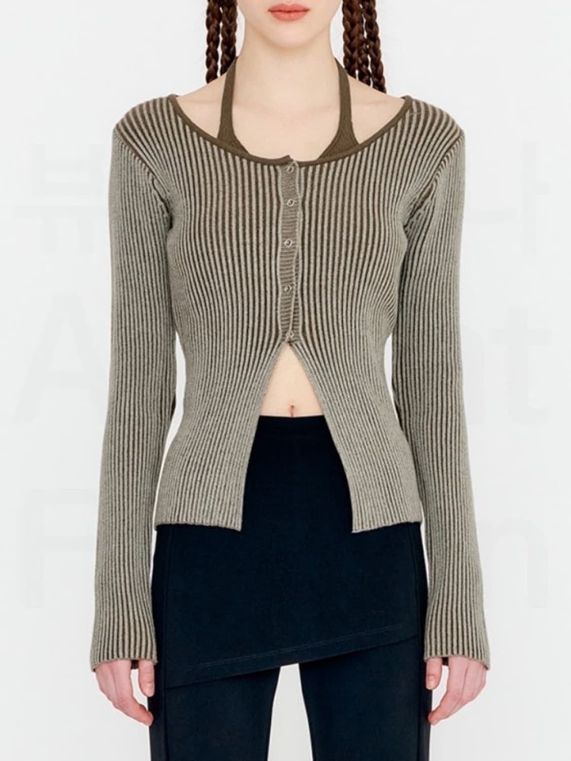 유즈 투톤 홀터 슬리브 레이어드 니트 탑 상품이미지1