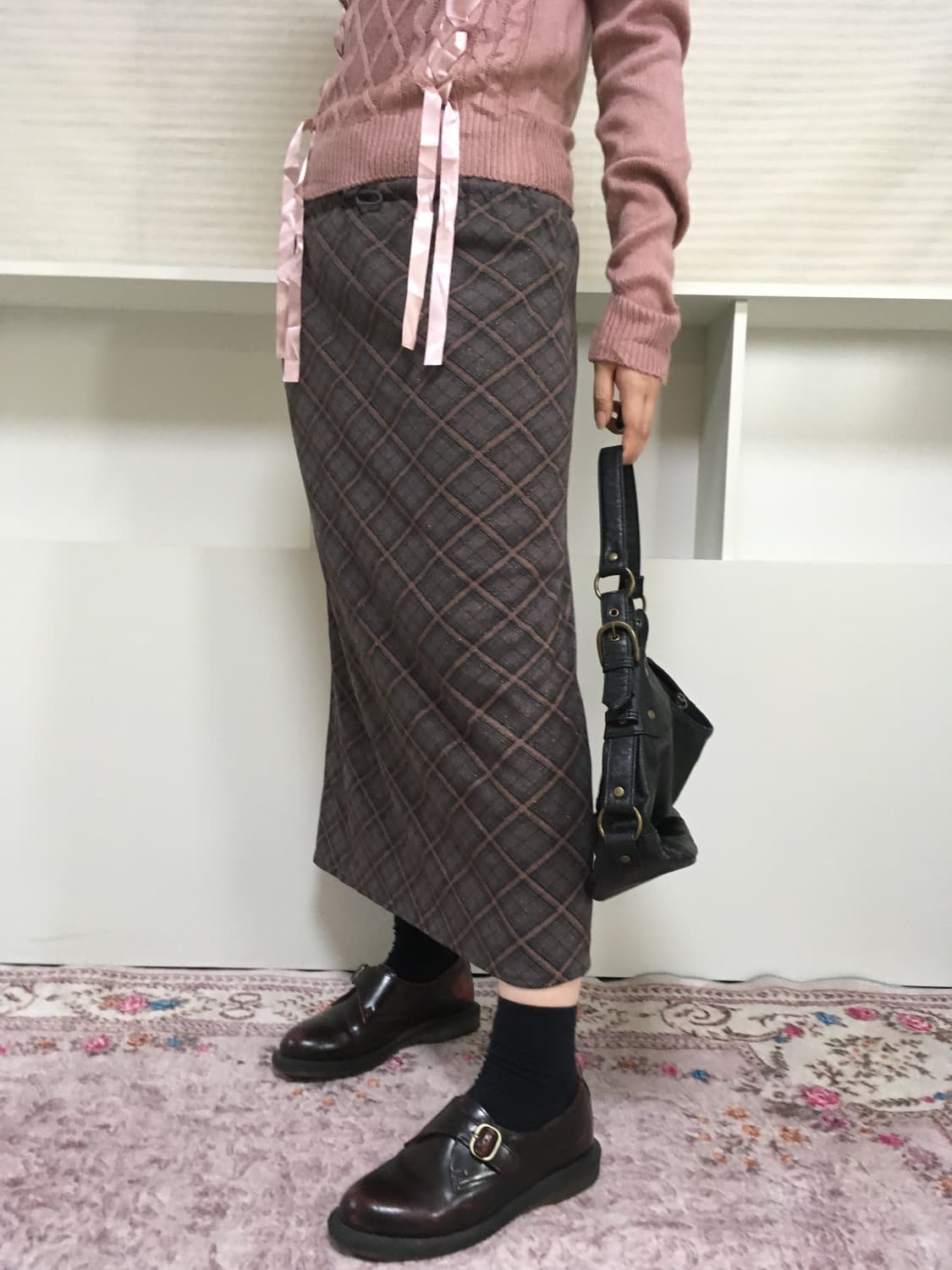 jpn vintage check pearl long skirt 상품이미지3