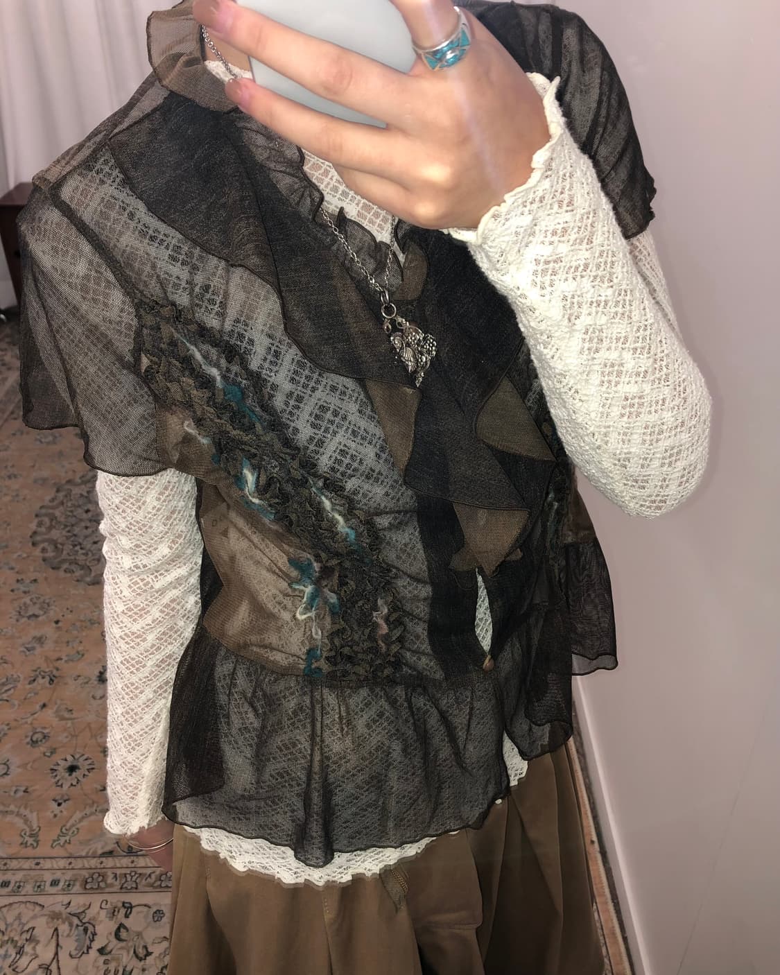 카키 시스루 레이스 반팔  상품이미지4