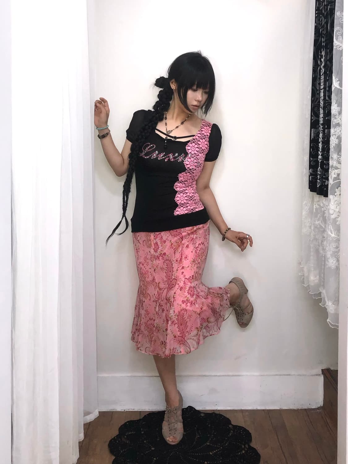 pink oriental paisley pattern midi skirt 상품이미지5