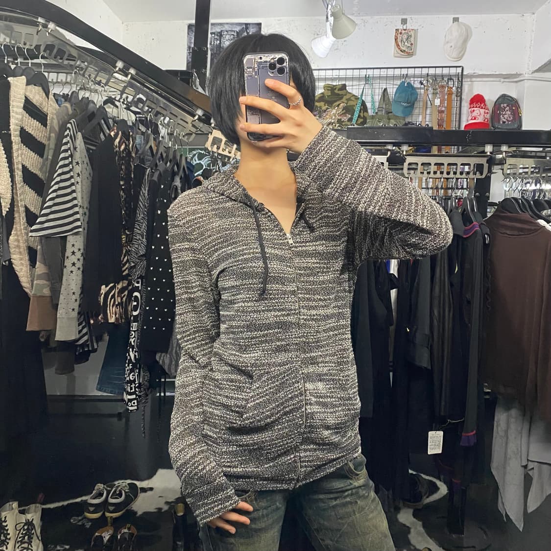 Retro engine 그레인 니트 후드집업 상품이미지1