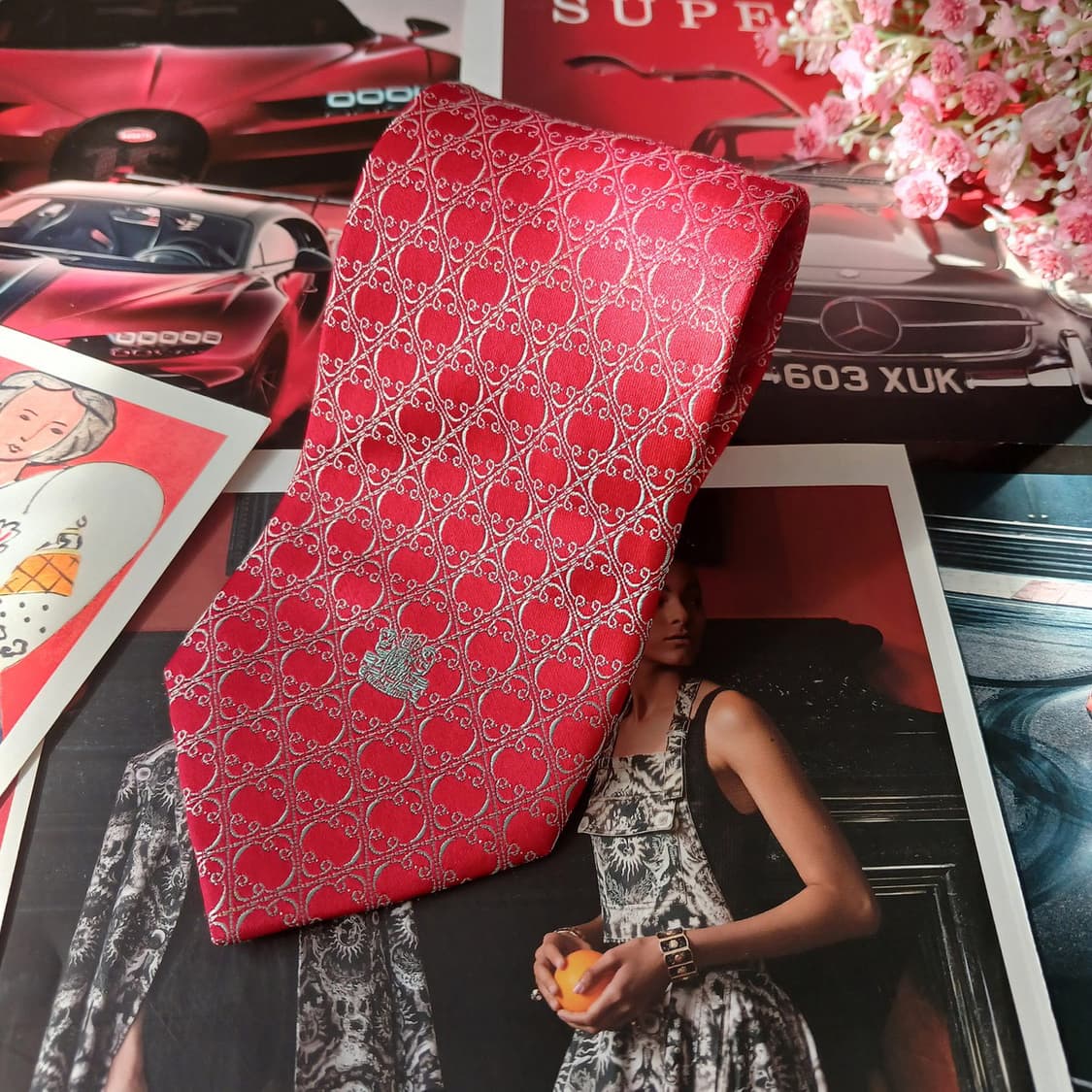 아쿠아스큐텀 실크 레드 패턴 넥타이 9cm A등급 A19661 상품이미지3