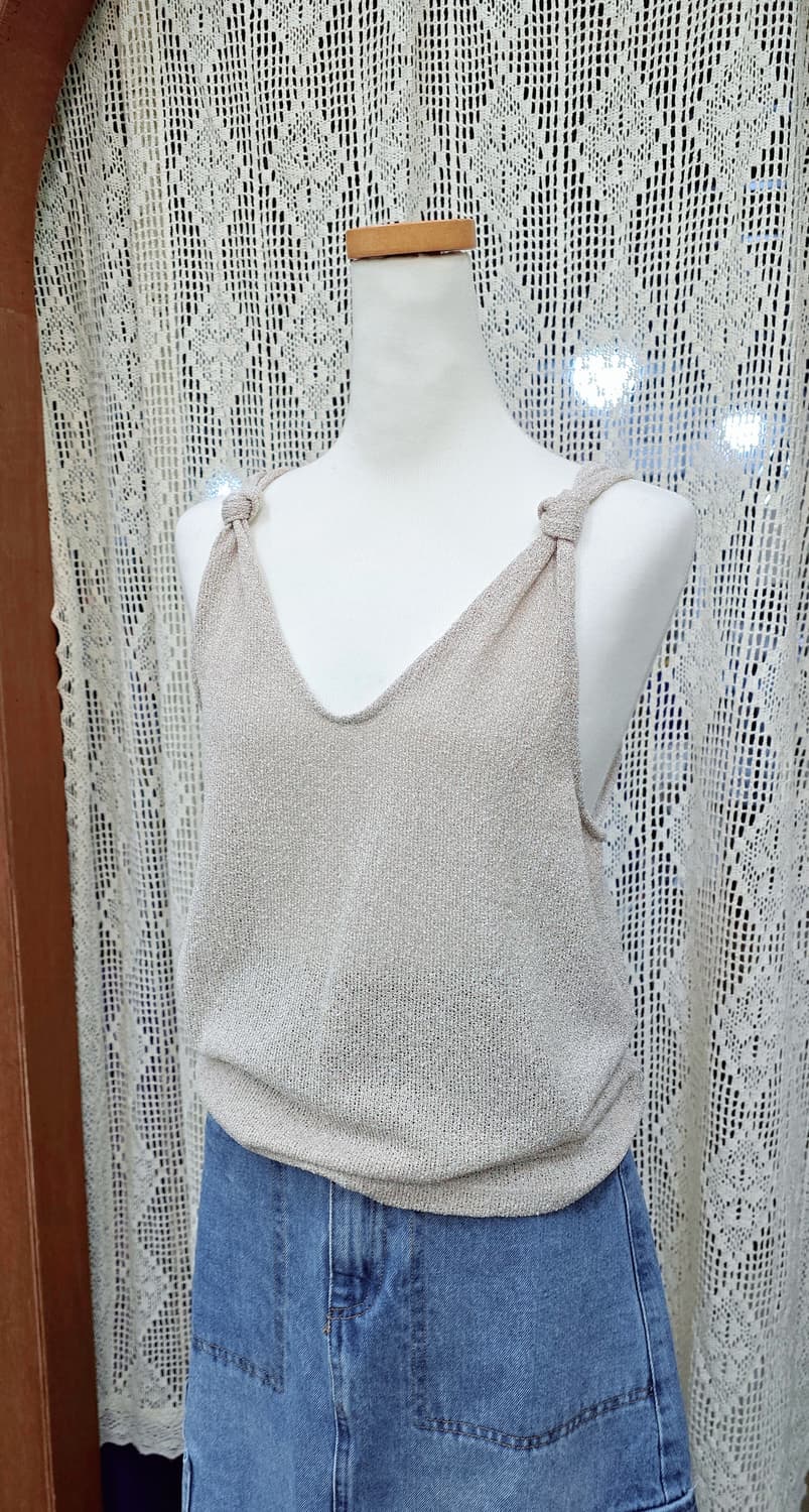 M (상태최상) MNG 망고 린넨 니트 나시 베이지 브이넥 상품이미지2