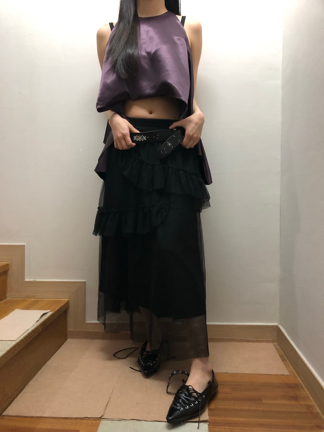 빈티지 블랙 레이스 러플 롱 스커트 상품이미지5