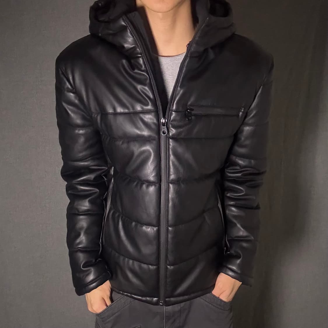 y2k 레더 후드 패딩 상품이미지1