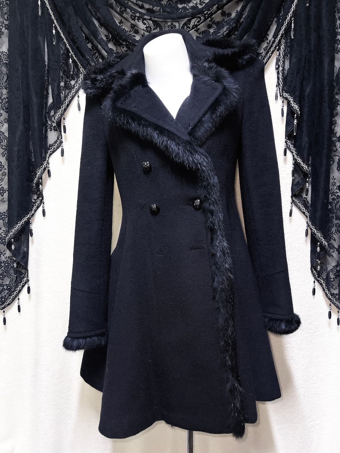 에고이스트 로맨틱고딕 고스로리 펑크 래빗퍼트리밍 플레어 캐시미어코트 갸루 상품이미지1