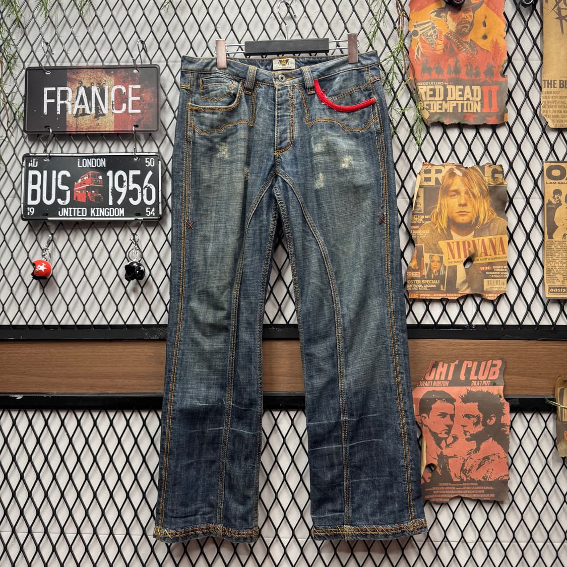 00s USA VINTAGE 데님 팬츠 후면 멀티컬러 자수 포인트 중청 상품이미지2