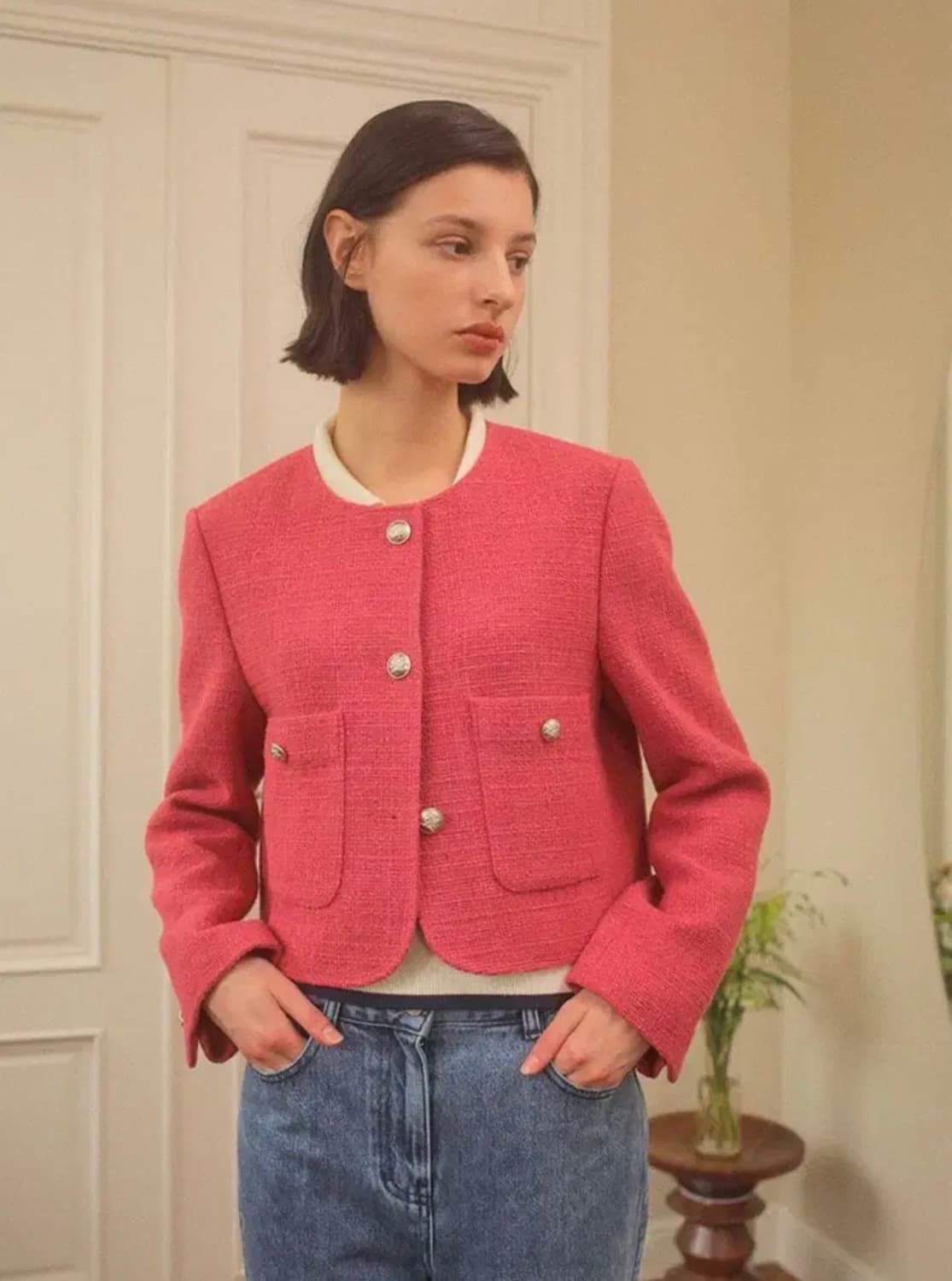 토모토모 유인 온앤온 노카라 라운드 트위드 자켓 핑크 상품이미지3