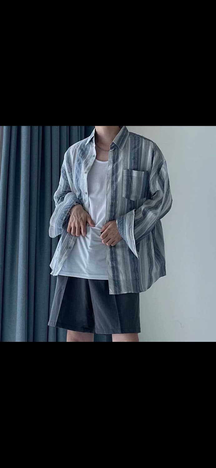 스트라이프 린넨 오버핏 플로어 물결 셔츠 새상품 상품이미지1